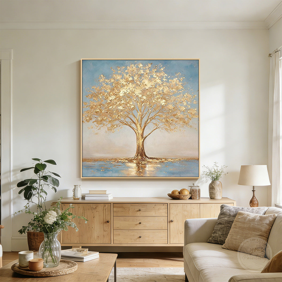 Blue and gold botanical wall art with elegant tree design