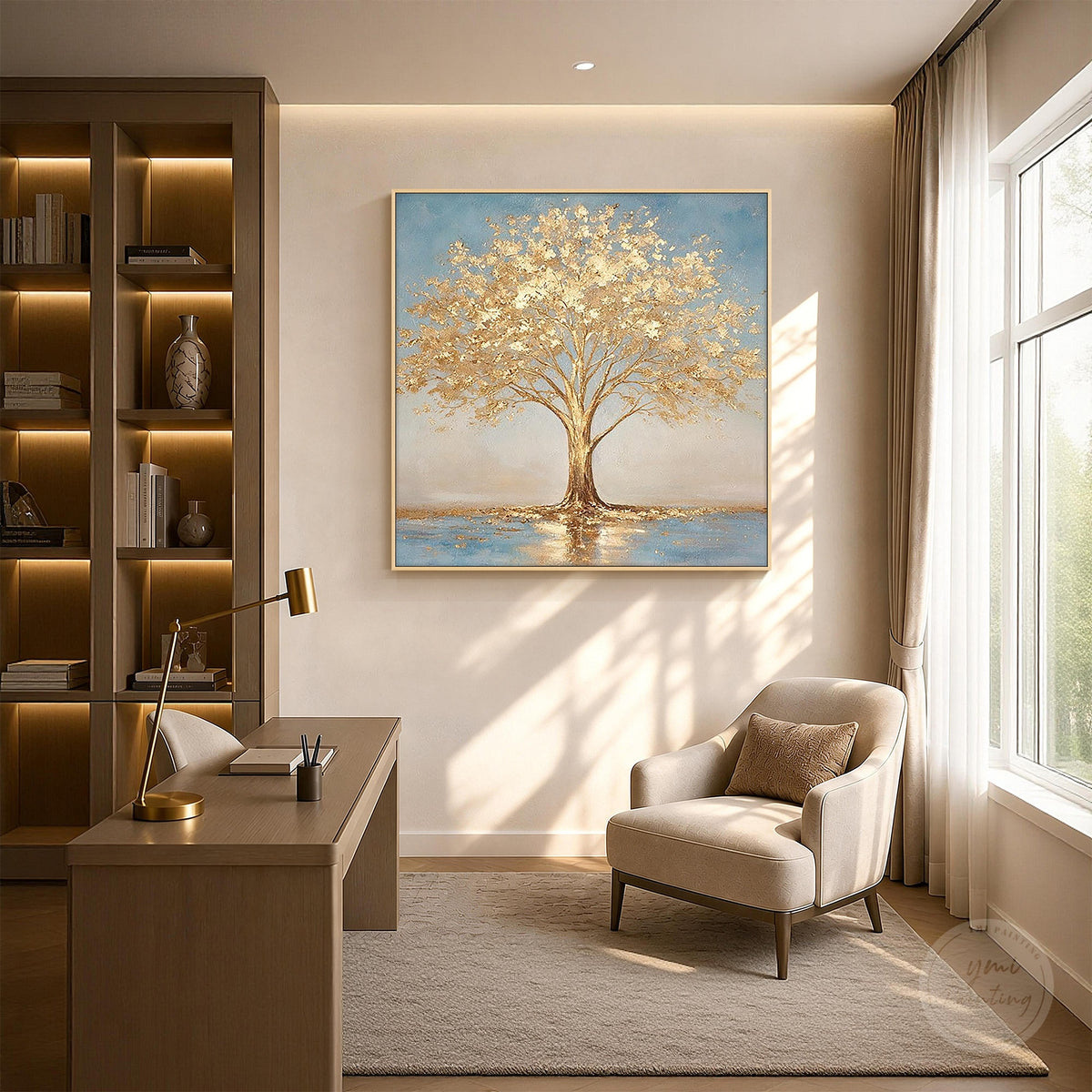 Handcrafted gold leaf tree painting with luminous golden foliage