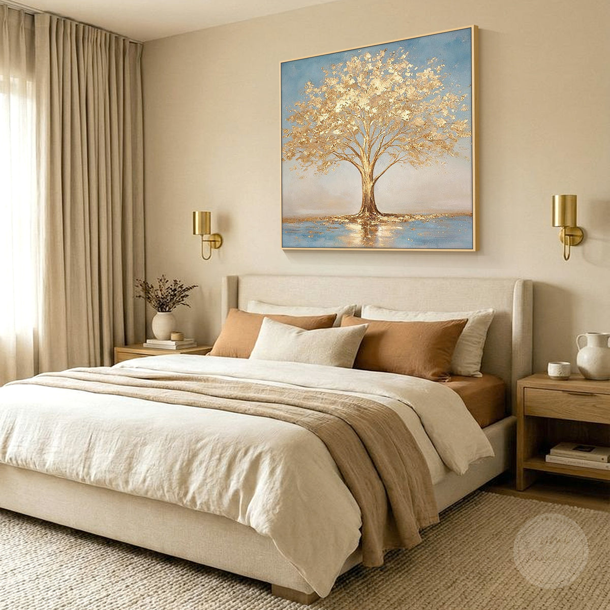 
Modern gold leaf painting with organic tree branches and texture