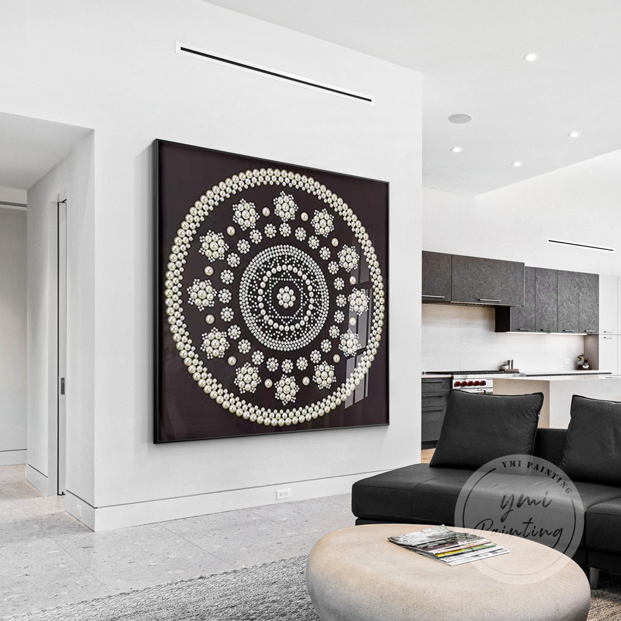 Intricate mandala design made of white pearls for modern decor