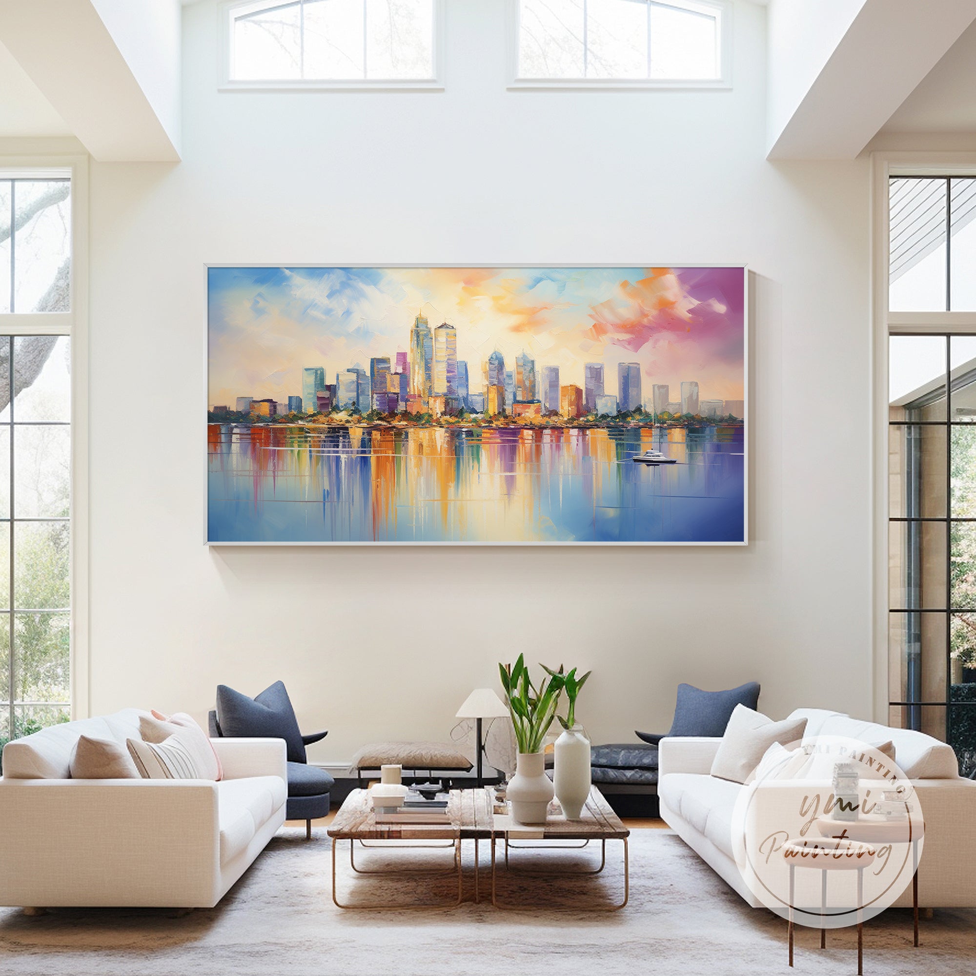 Miami skyline sunset painting colorful sky abstract wall art in modern living room