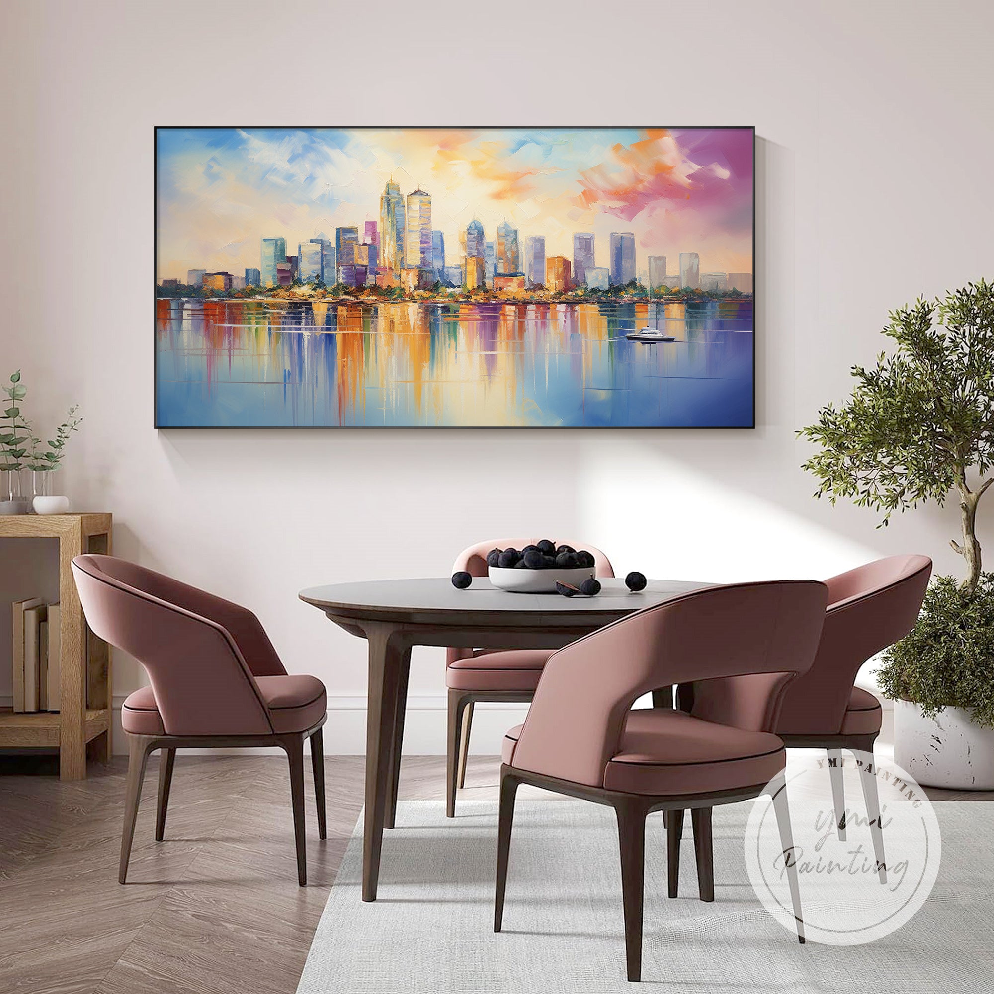 Miami skyline sunset canvas wall art modern painting in dining room