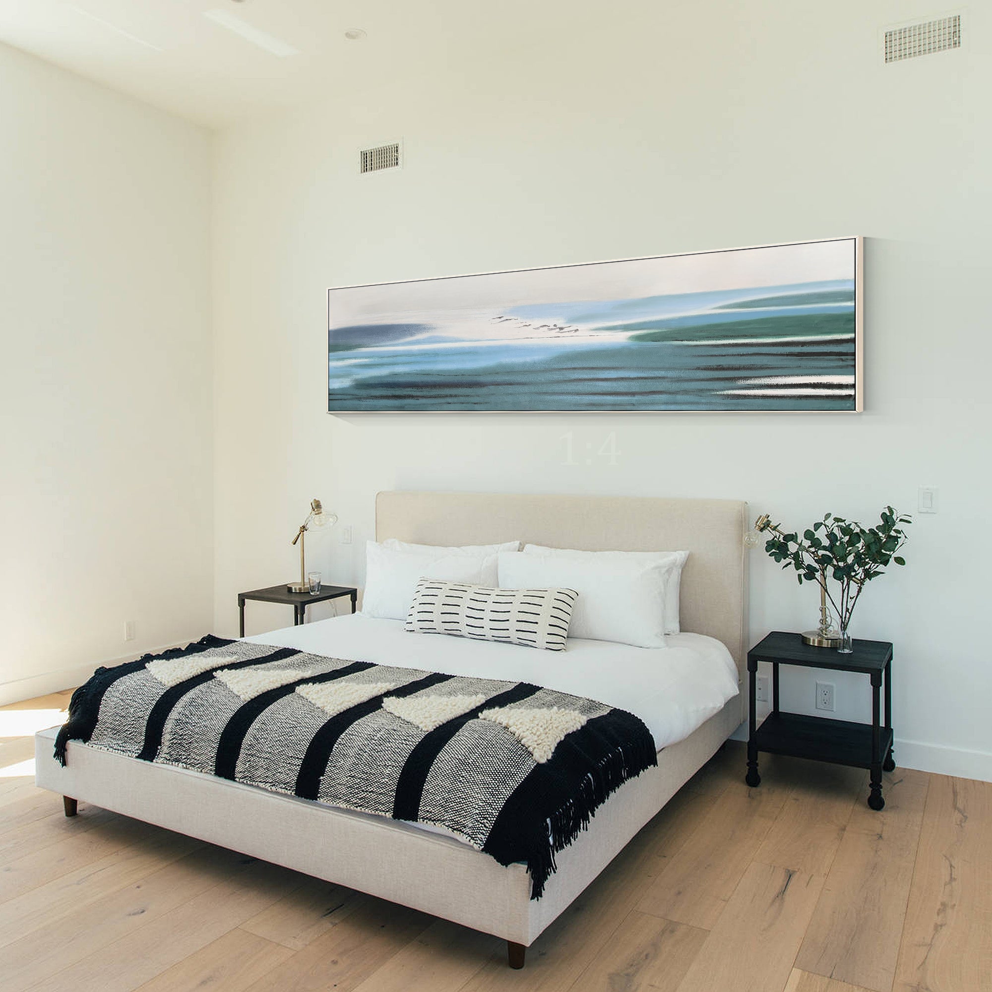 Large minimalist abstract painting in blue shades with fluid, lake-inspired color blocks