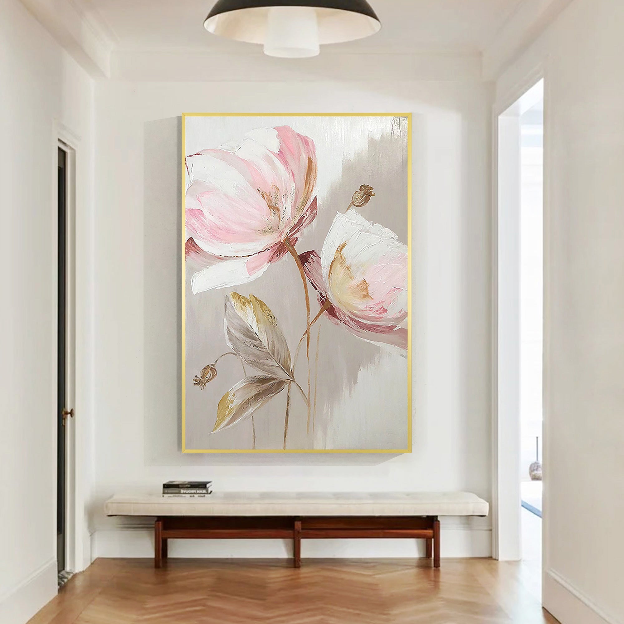 Minimal abstract painting with soft pink flower buds and gentle lines