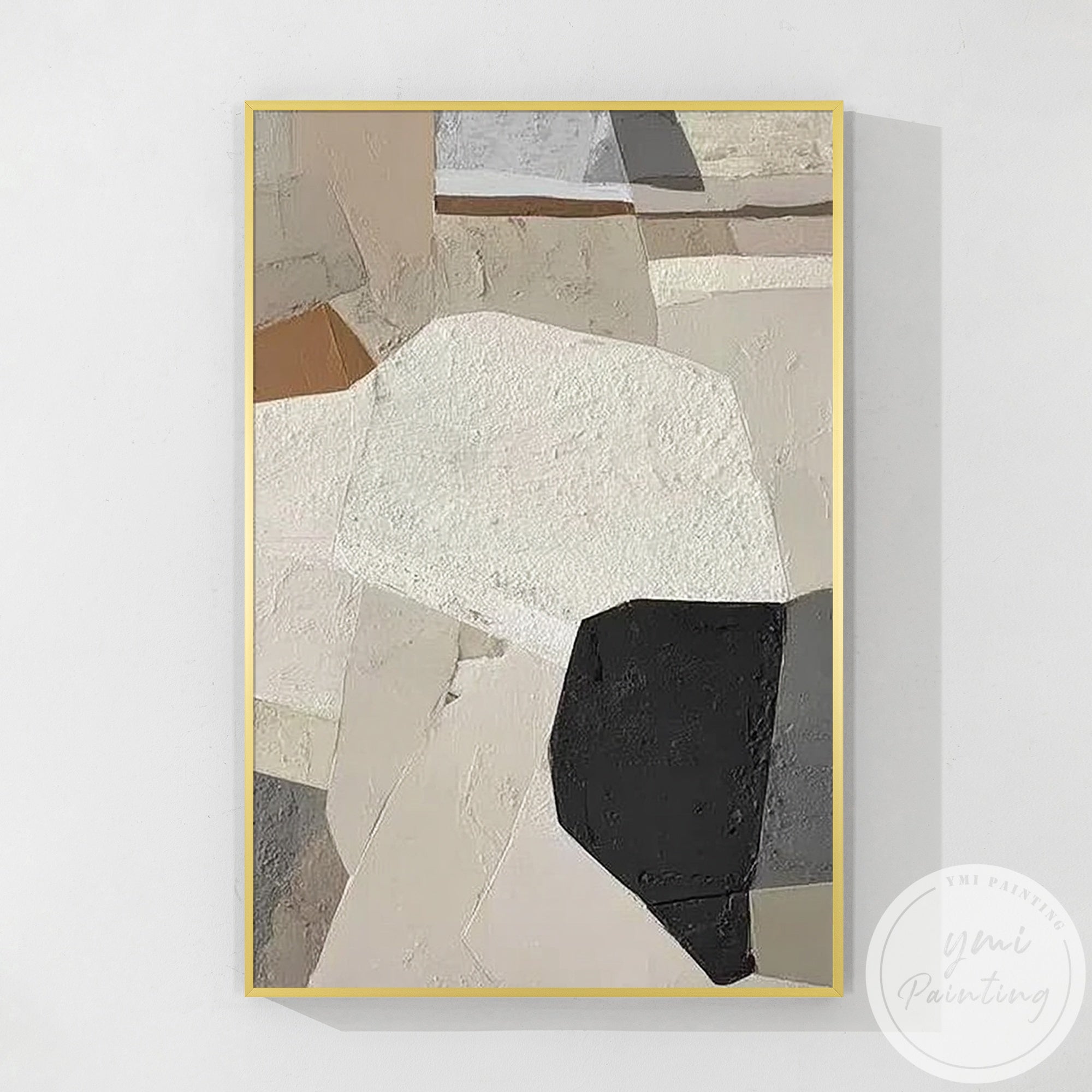 Neutral geometric abstract painting with beige and black accents