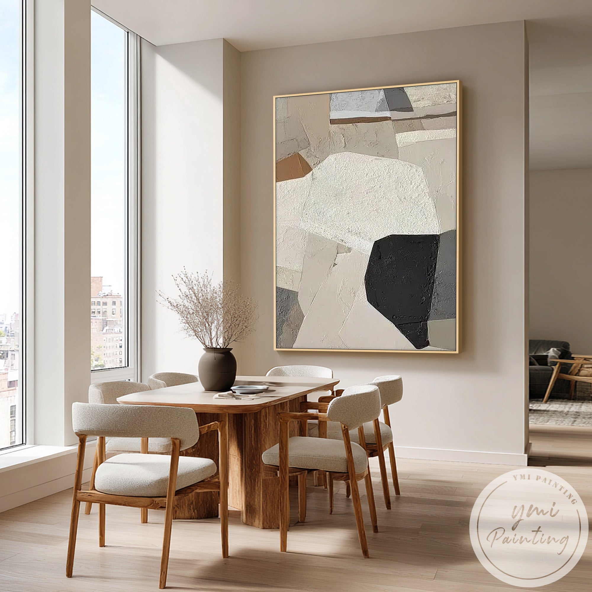 Modern geometric artwork with layered beige and gray forms