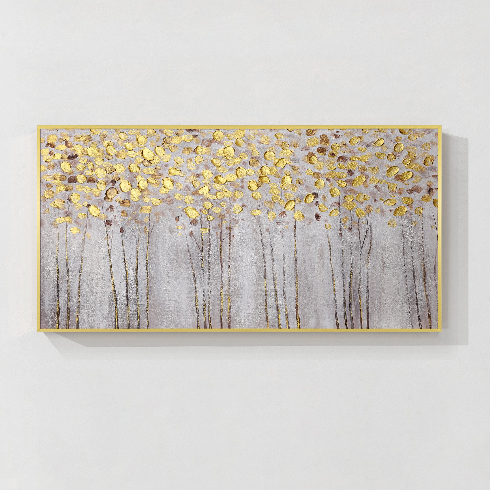 Minimalist wall art featuring a gray ginkgo tree forest with gold dots