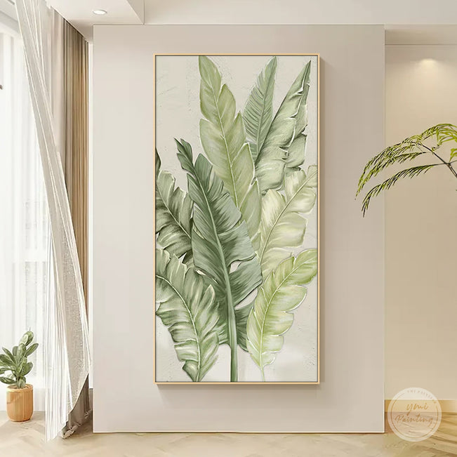 Leaf landscape painting in green tones along a residential staircase
