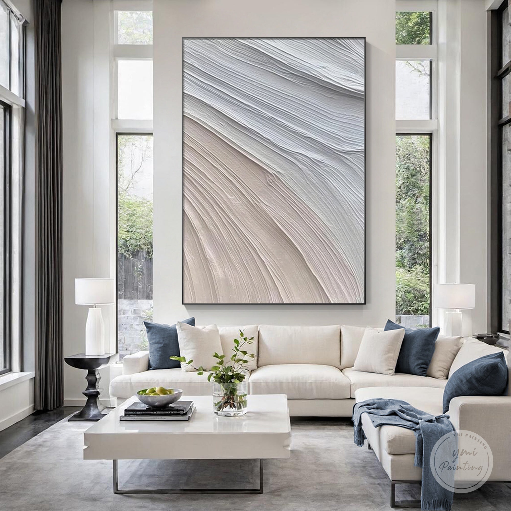 Neutral abstract painting with soft grey and beige tones