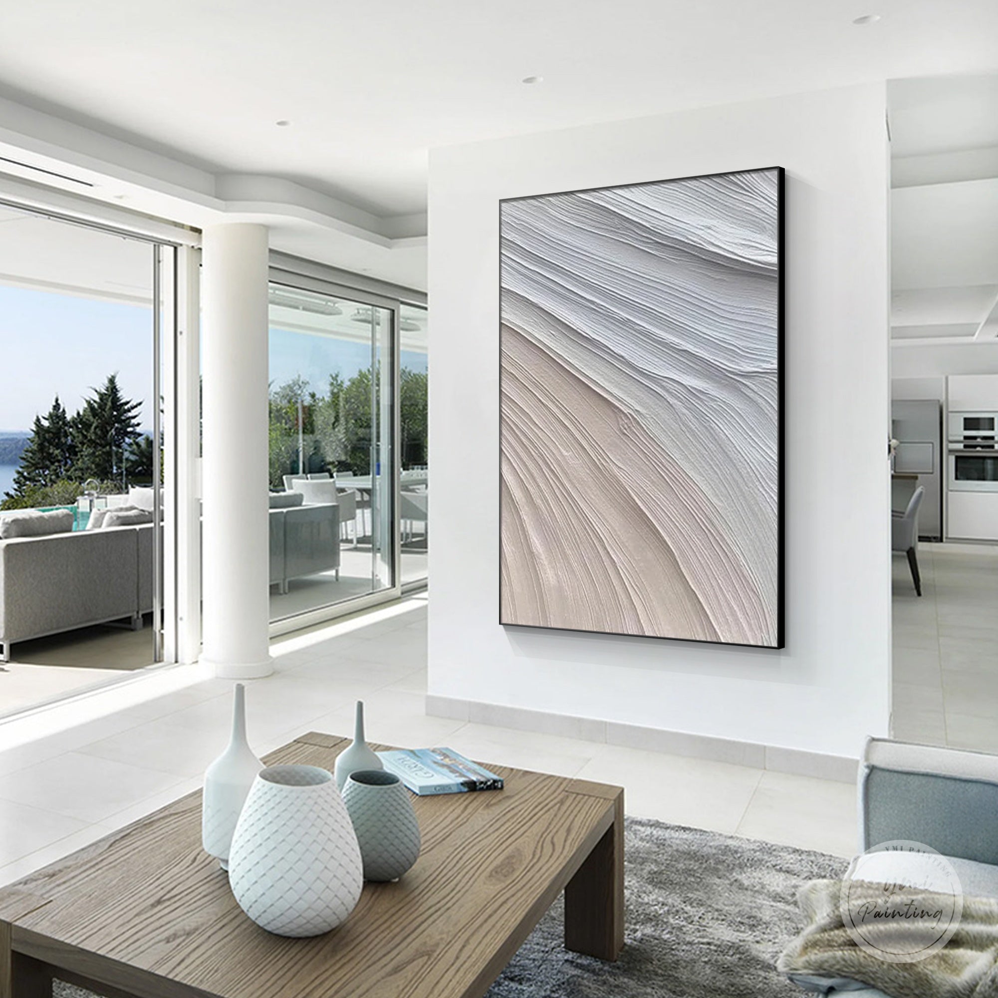 Contemporary neutral painting with fine linear texture