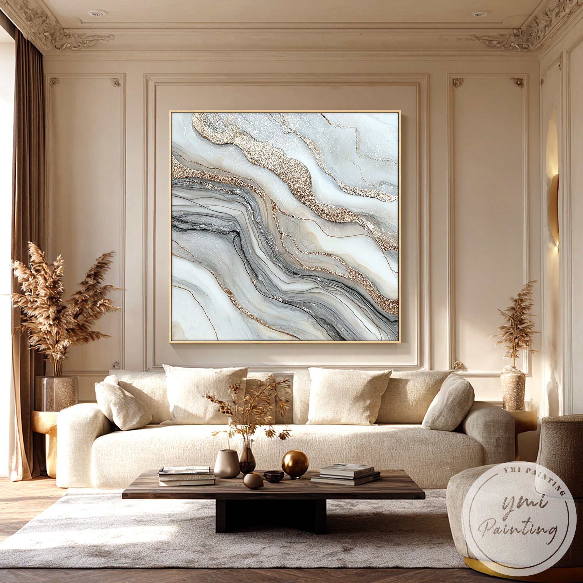 White grey and gold textured wall art in Scandinavian minimalist living room interior