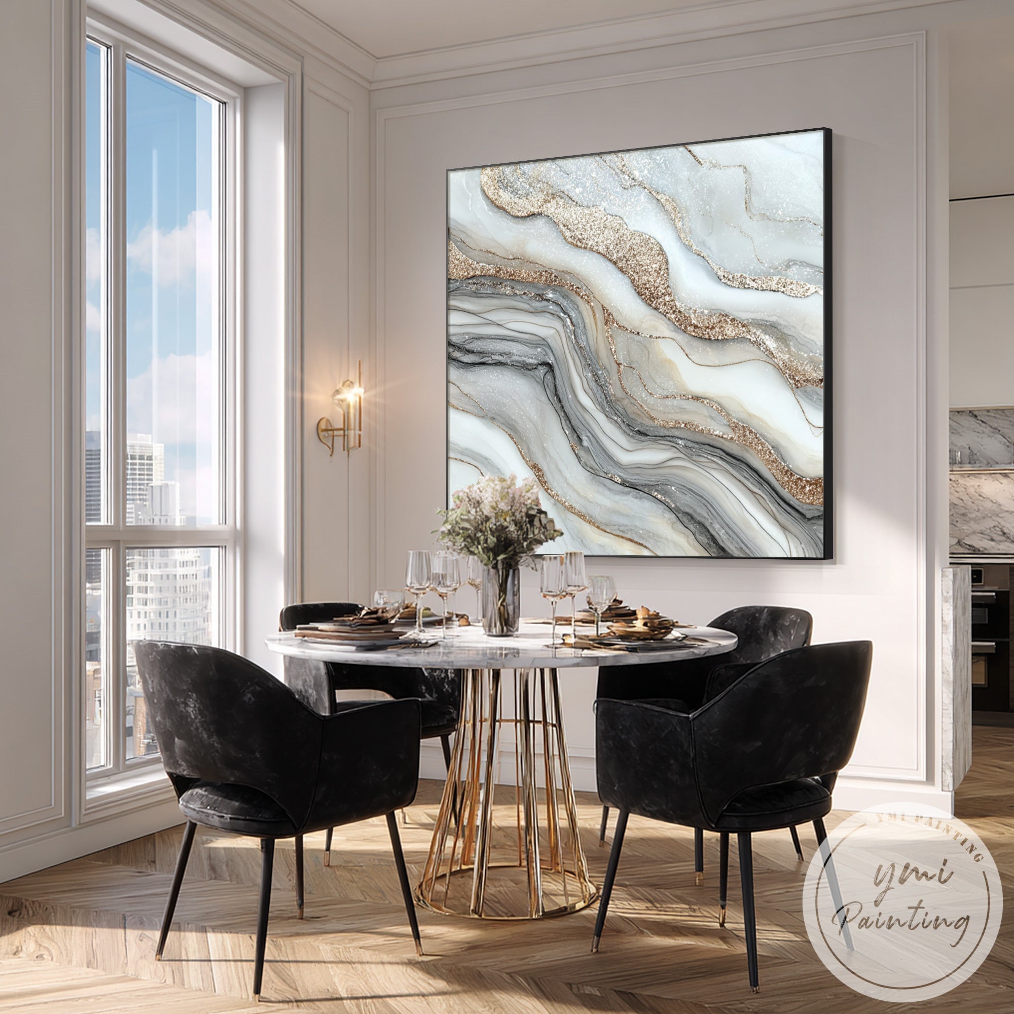 Elegant gold accented abstract canvas art in modern Japandi style living room