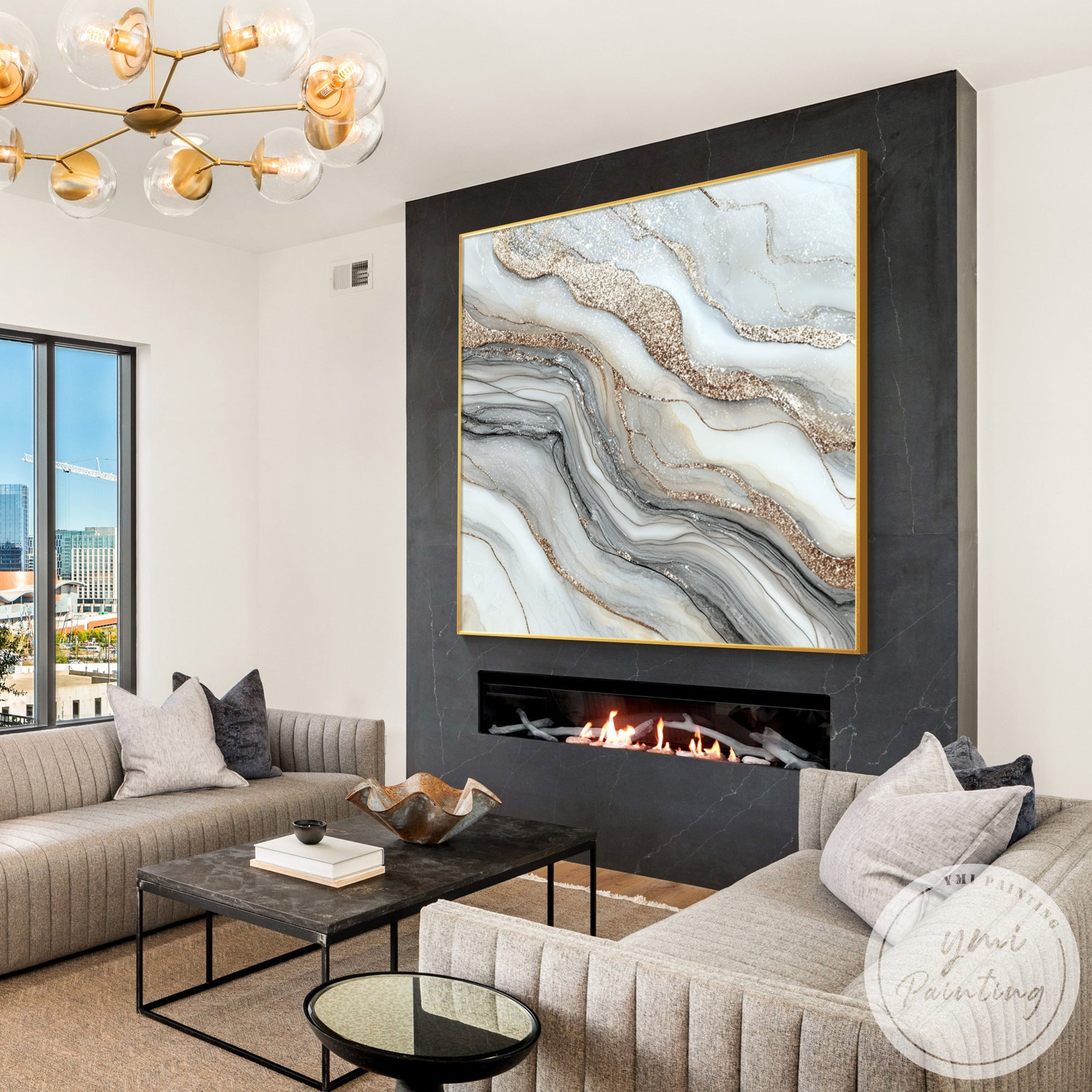 Abstract marble canvas painting in minimalist apartment living room design