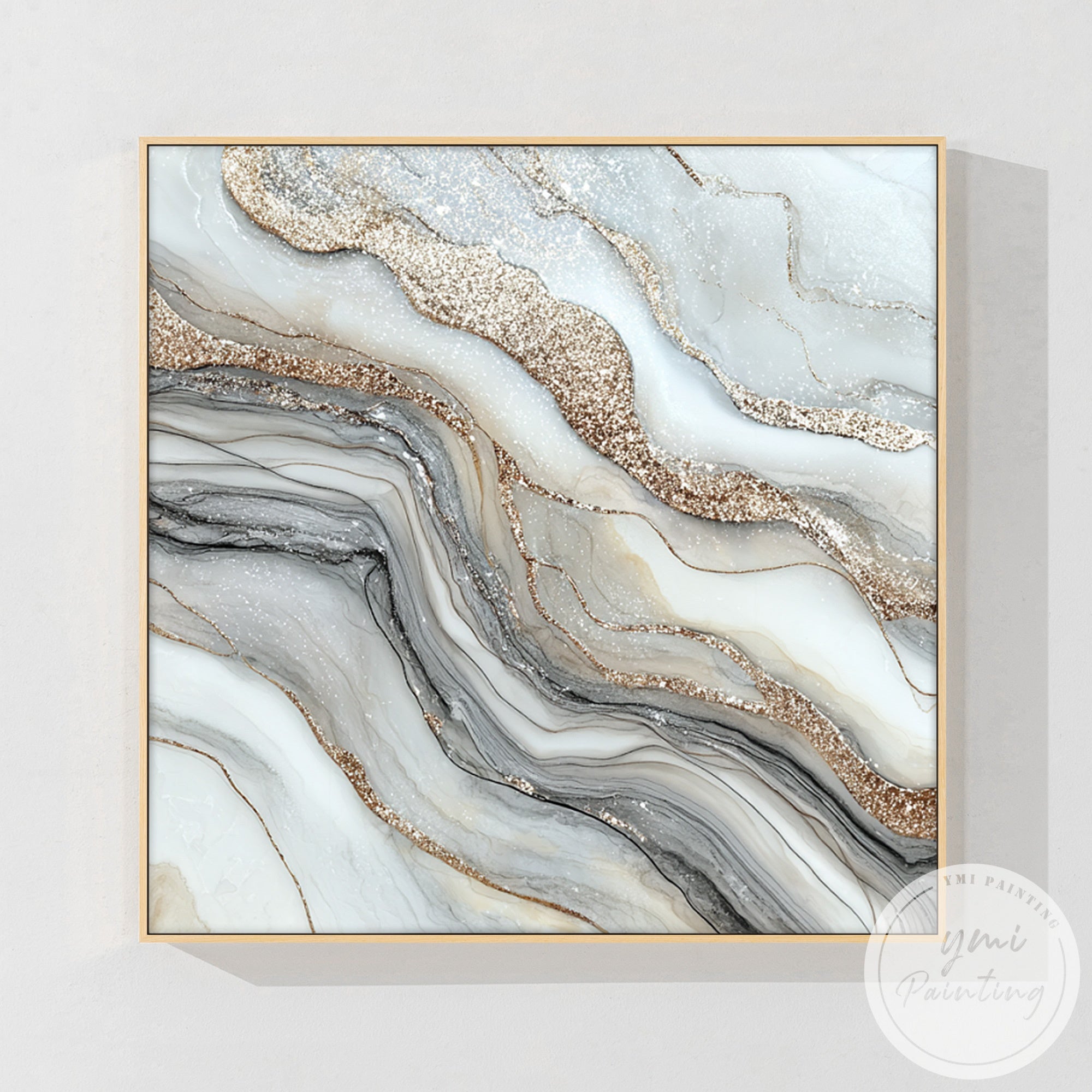 Luxury neutral marble artwork in elegant bedroom above upholstered headboard