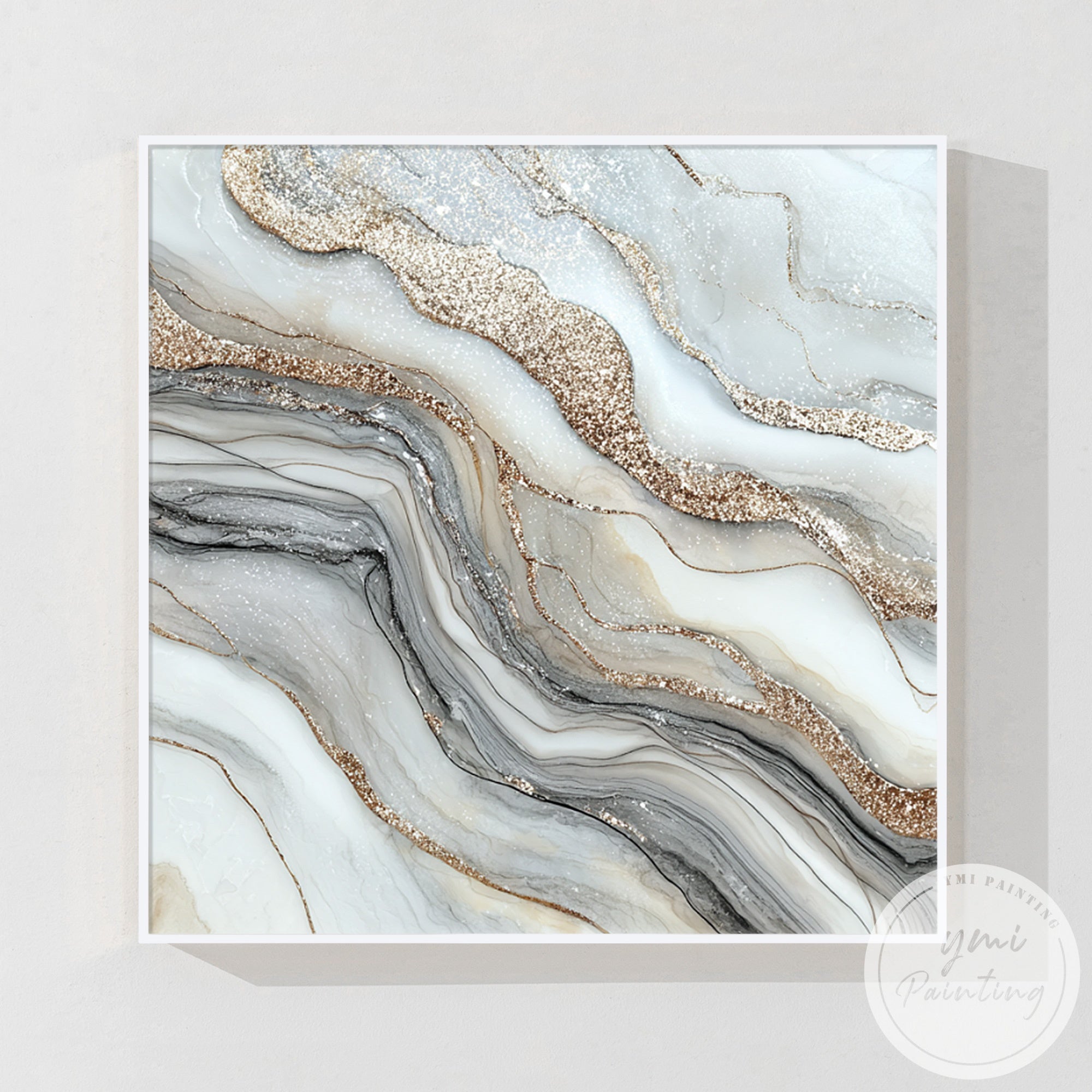 Large textured gold and grey wall art in open concept living and dining room