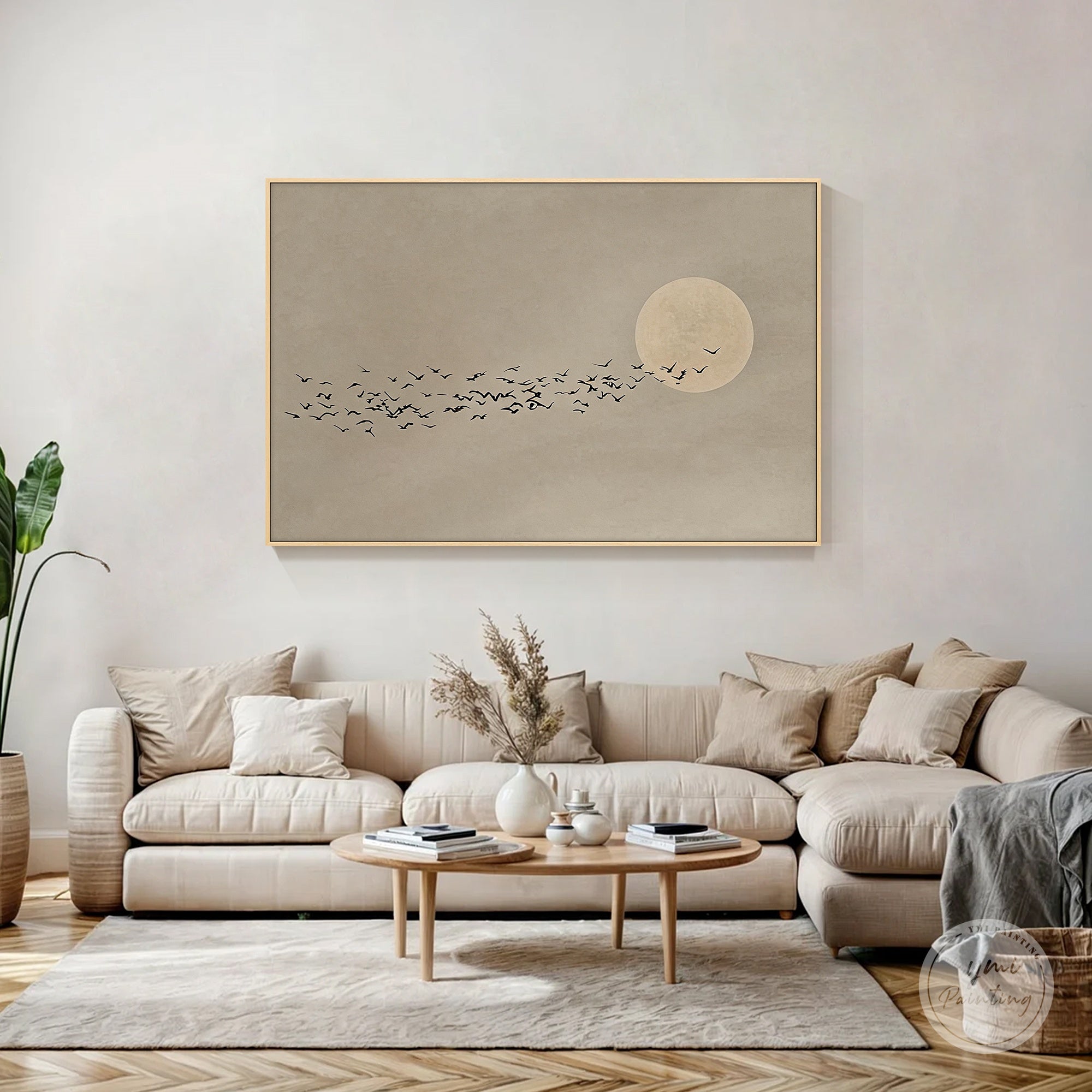 Beige neutral sky canvas print with bird silhouette design