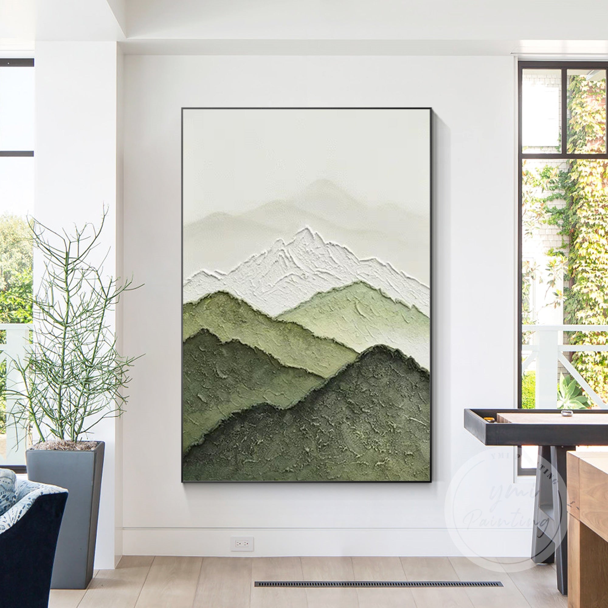 Elegant abstract mountain painting with layered green hues