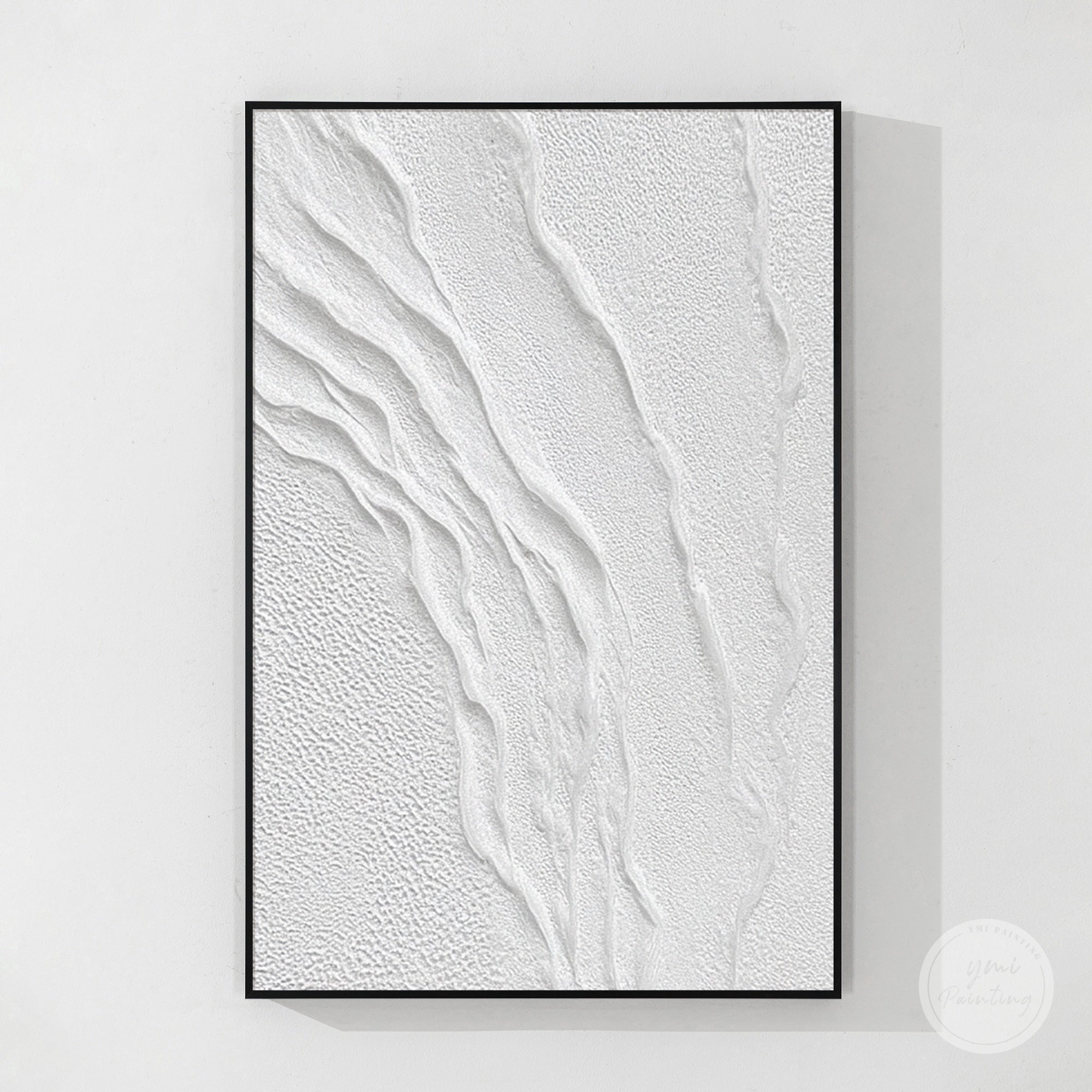 Organic textured abstract painting in a luxury neutral bedroom interior with soft lighting