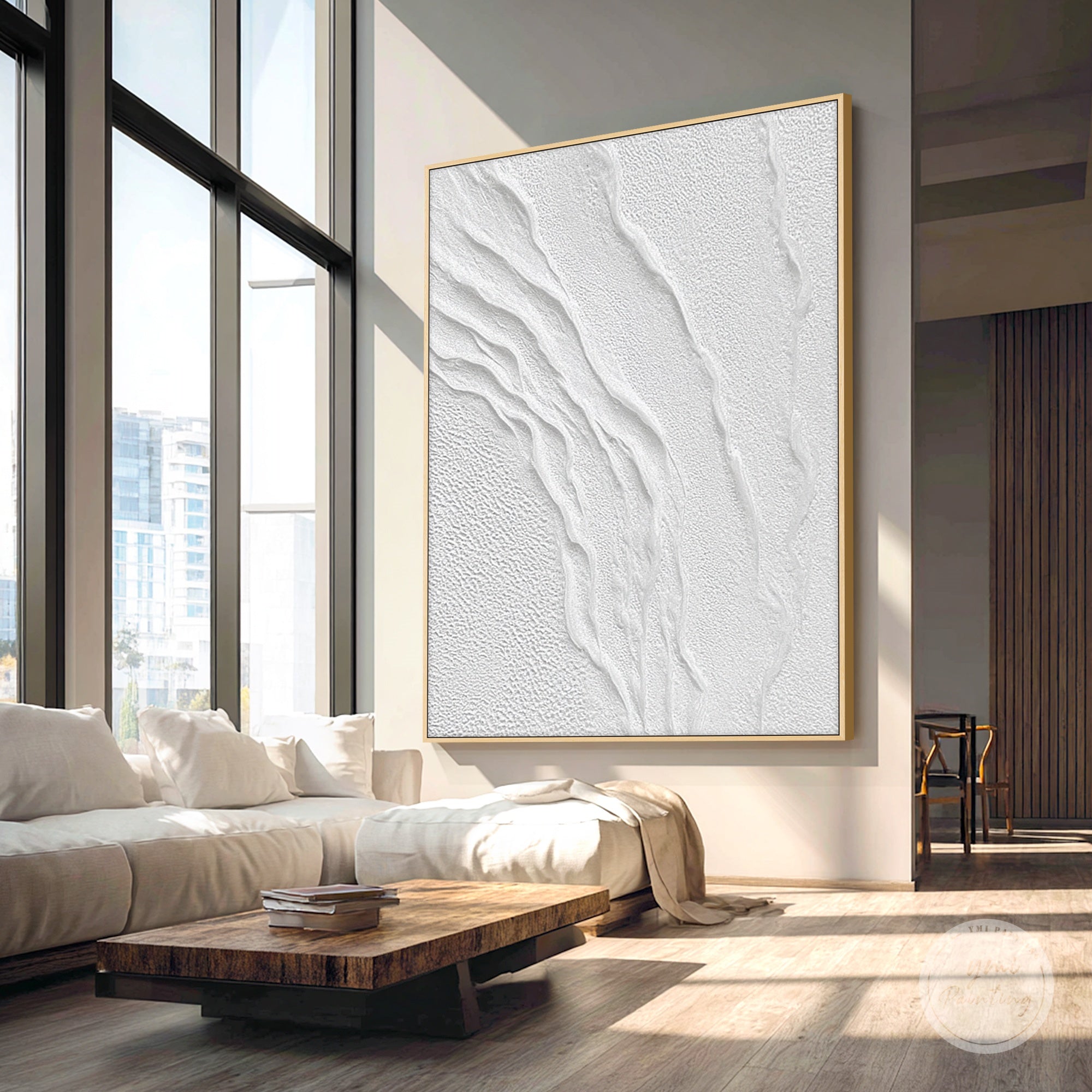 White abstract textured canvas for contemporary living room wall decor with neutral tones
