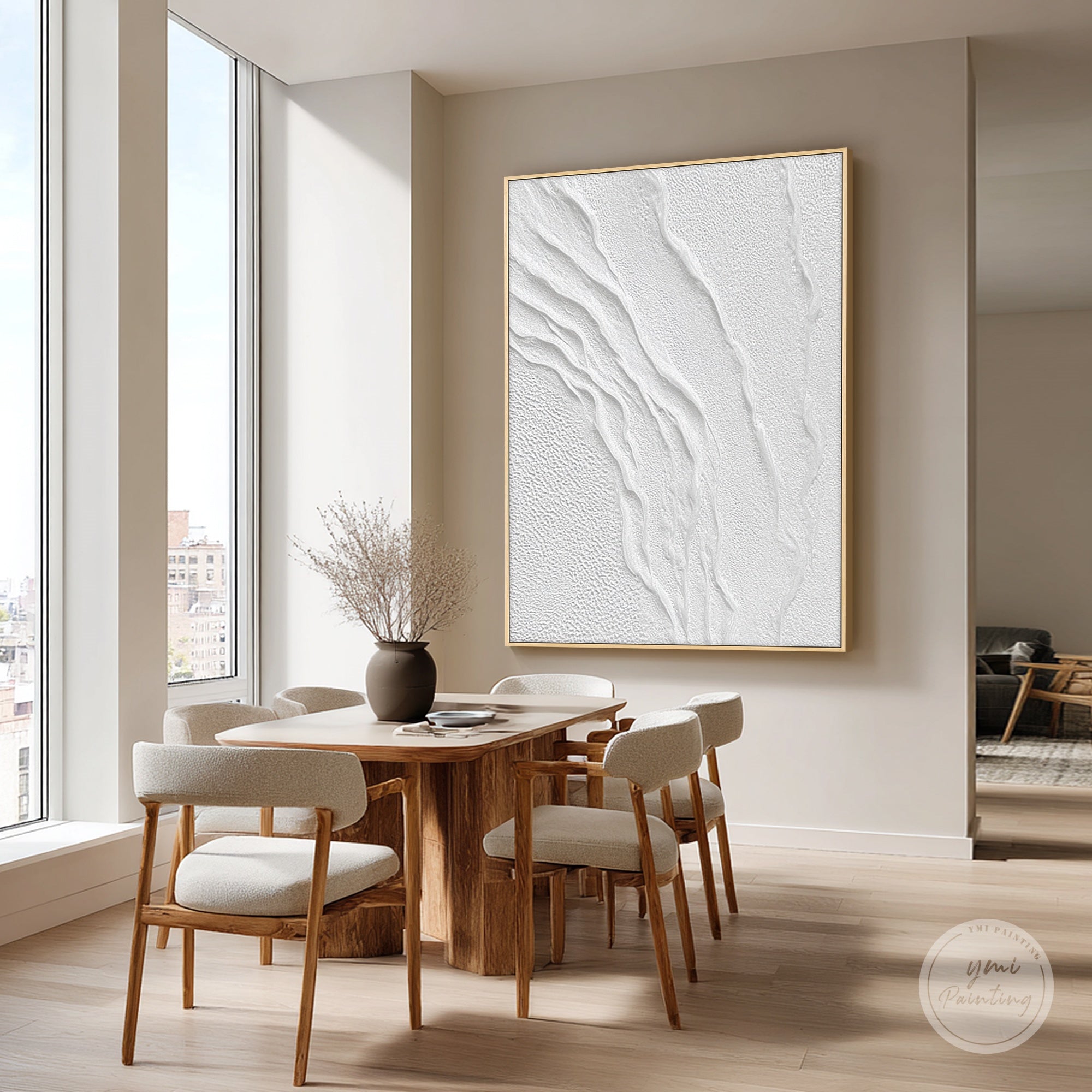 Neutral textured canvas painting displayed in a Scandinavian style bedroom with light wood furniture