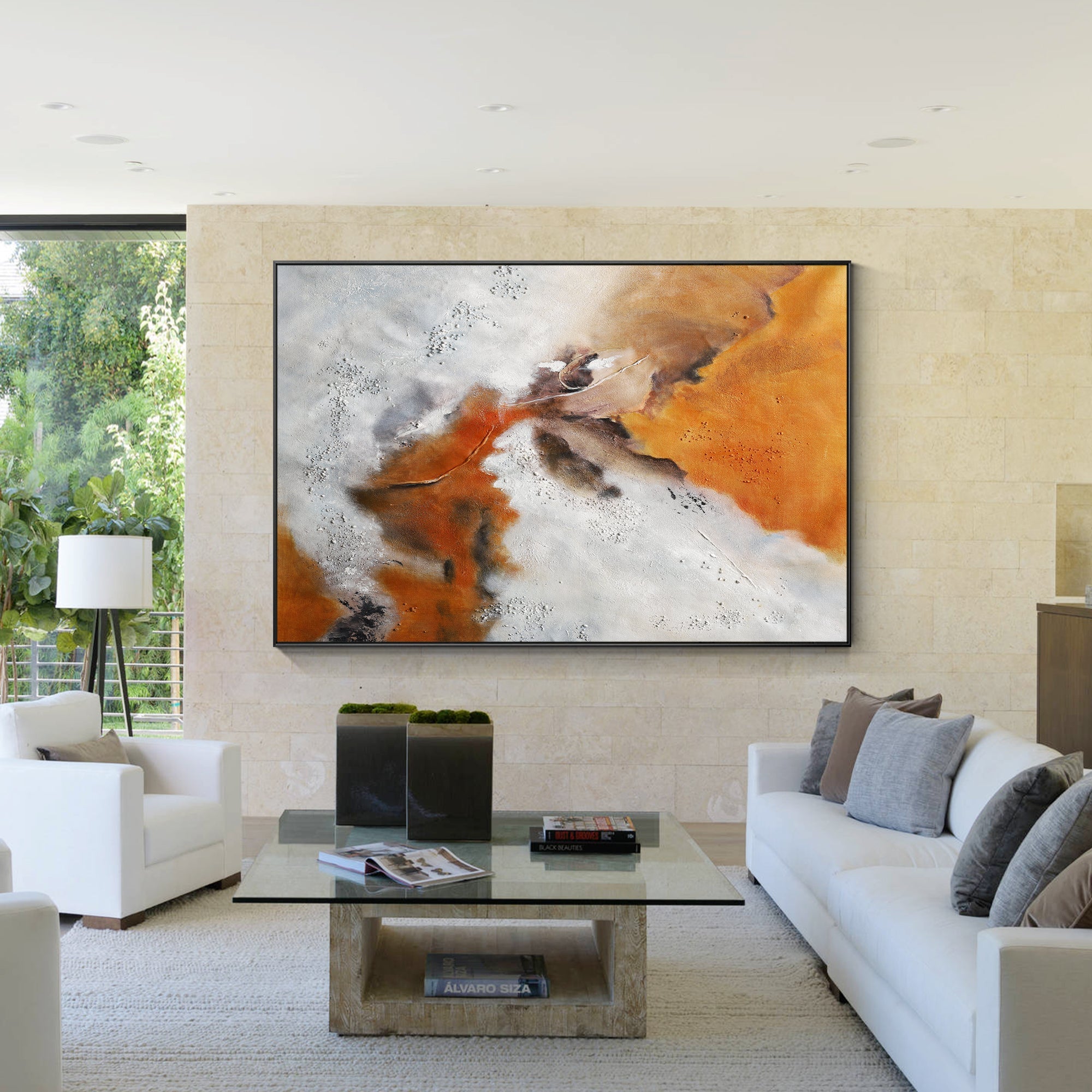 Minimalist orange white brown abstract wall art on a living room wall