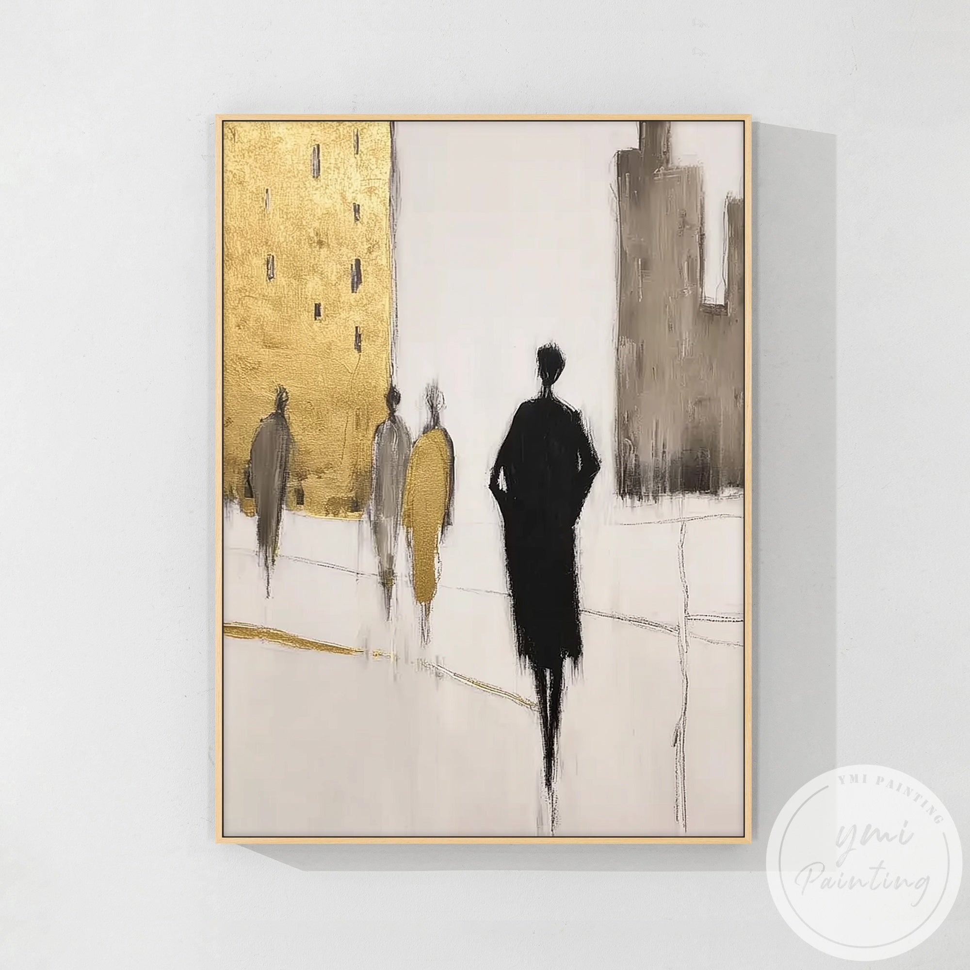 abstract city walking painting with minimalist figures and gold accents