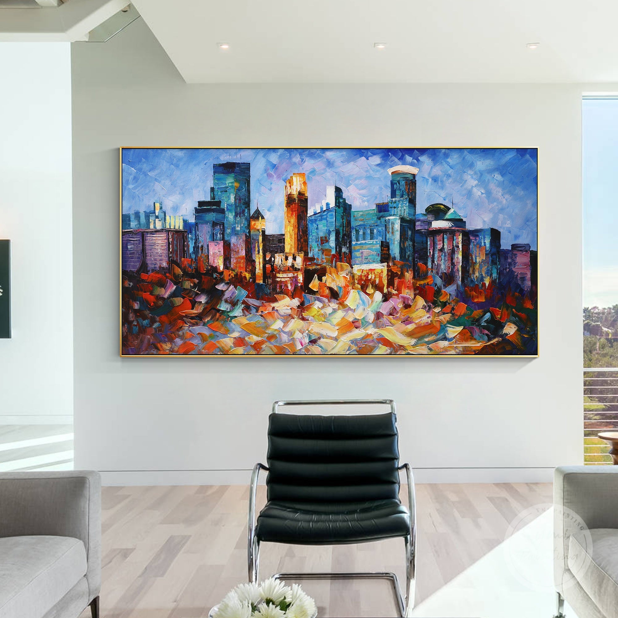 Hand-painted Minneapolis cityscape with bold palette knife strokes and abstract design.