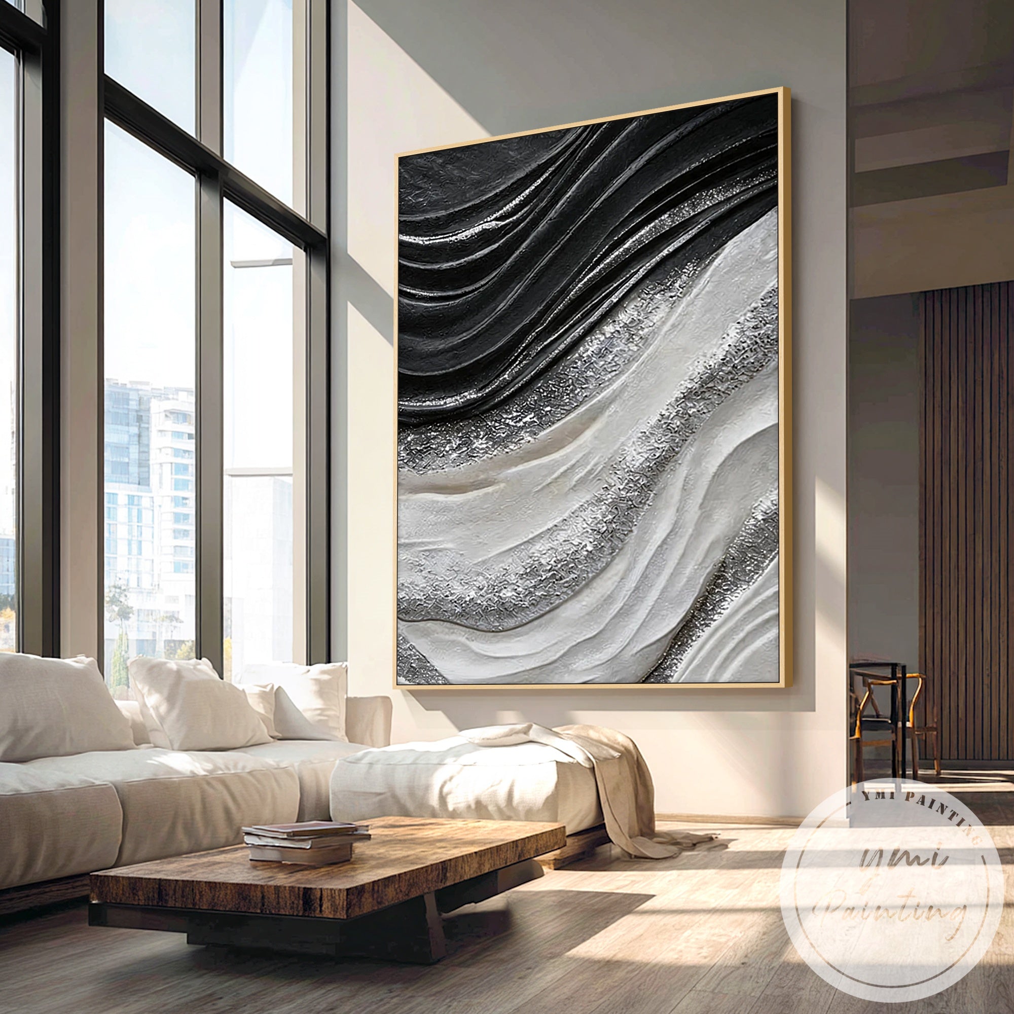 Modern monochrome abstract relief wall painting