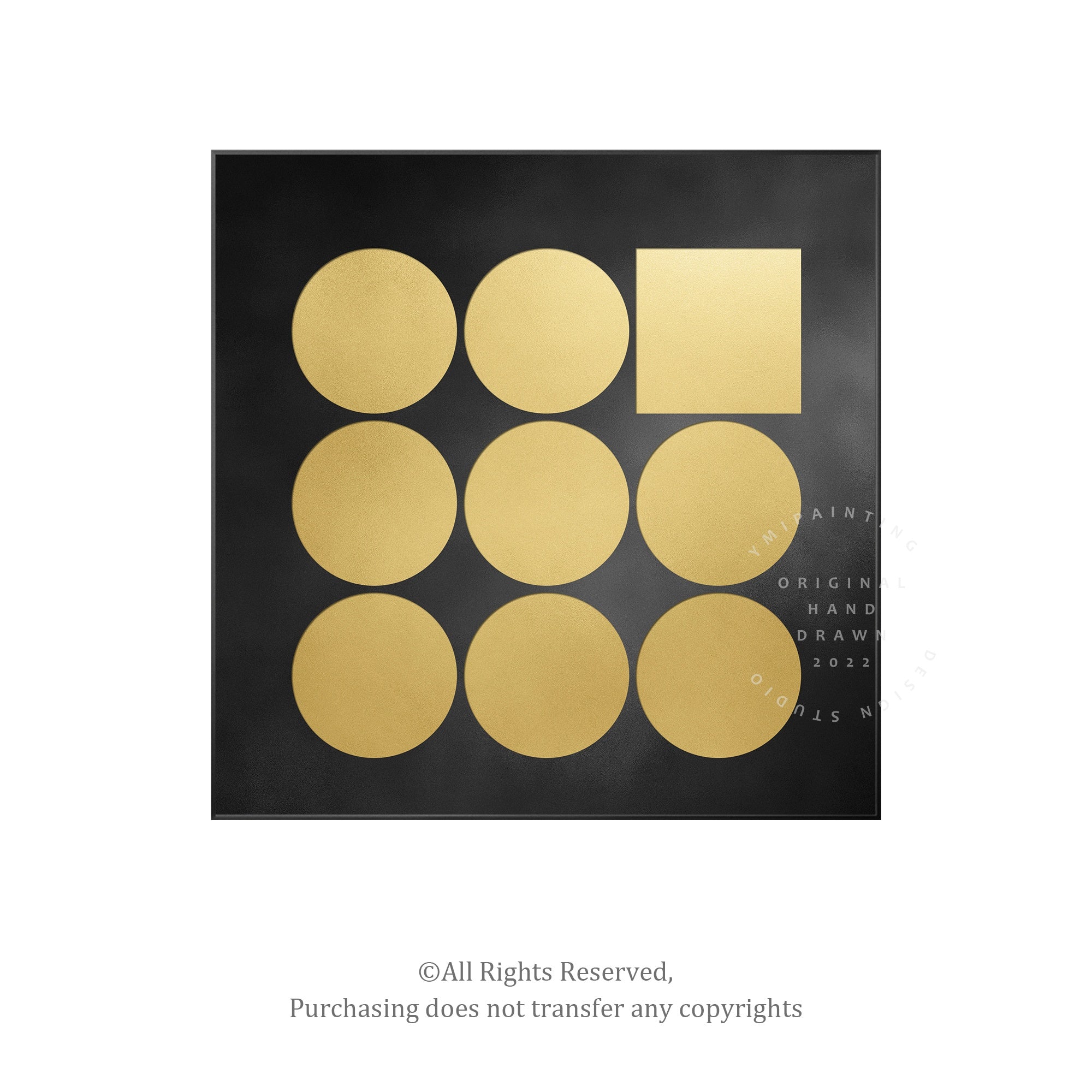 Geometric square and circle art with glitter details.