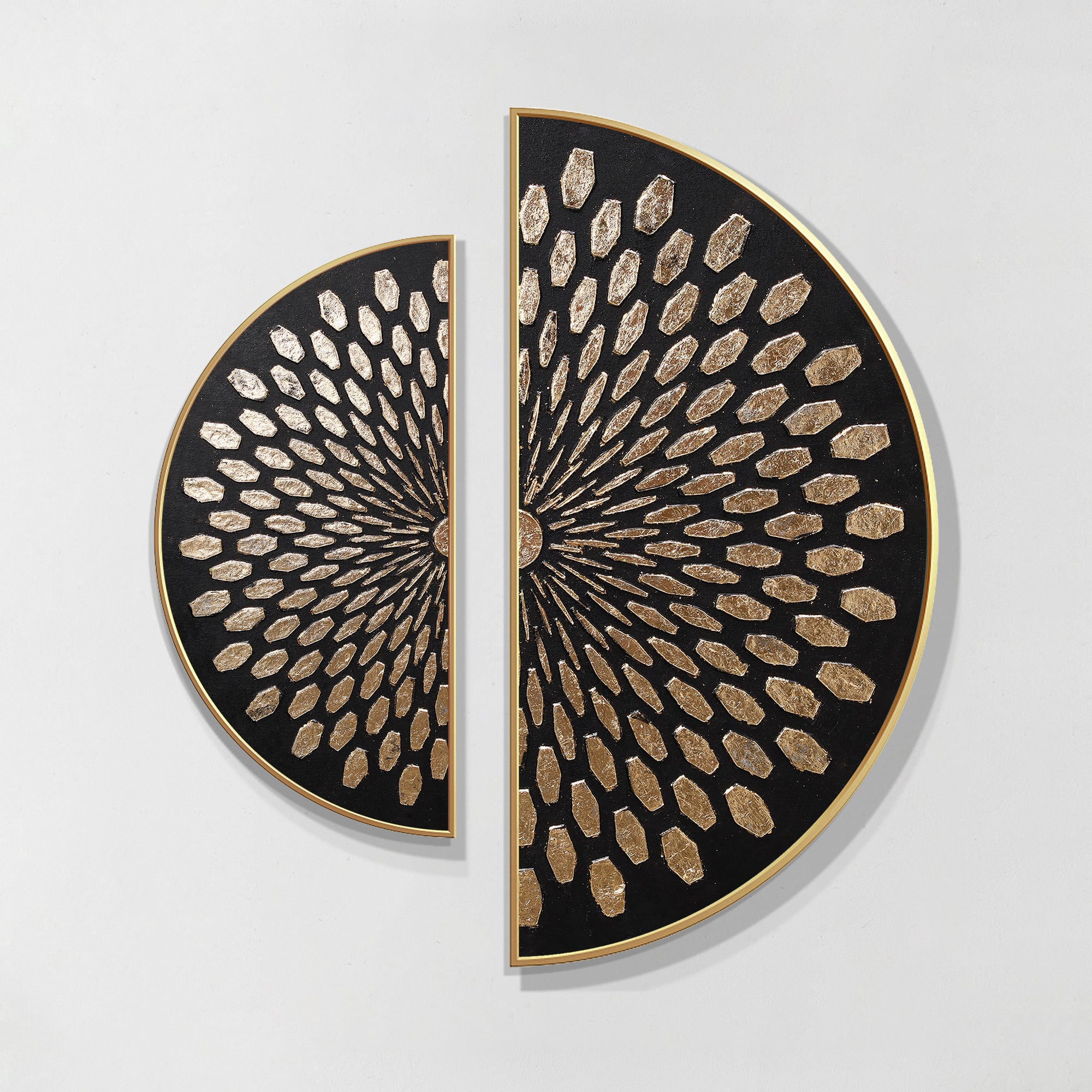 Modern abstract gold geometric wall art set displayed in a contemporary living room, ideal housewarming gift for new homeowners