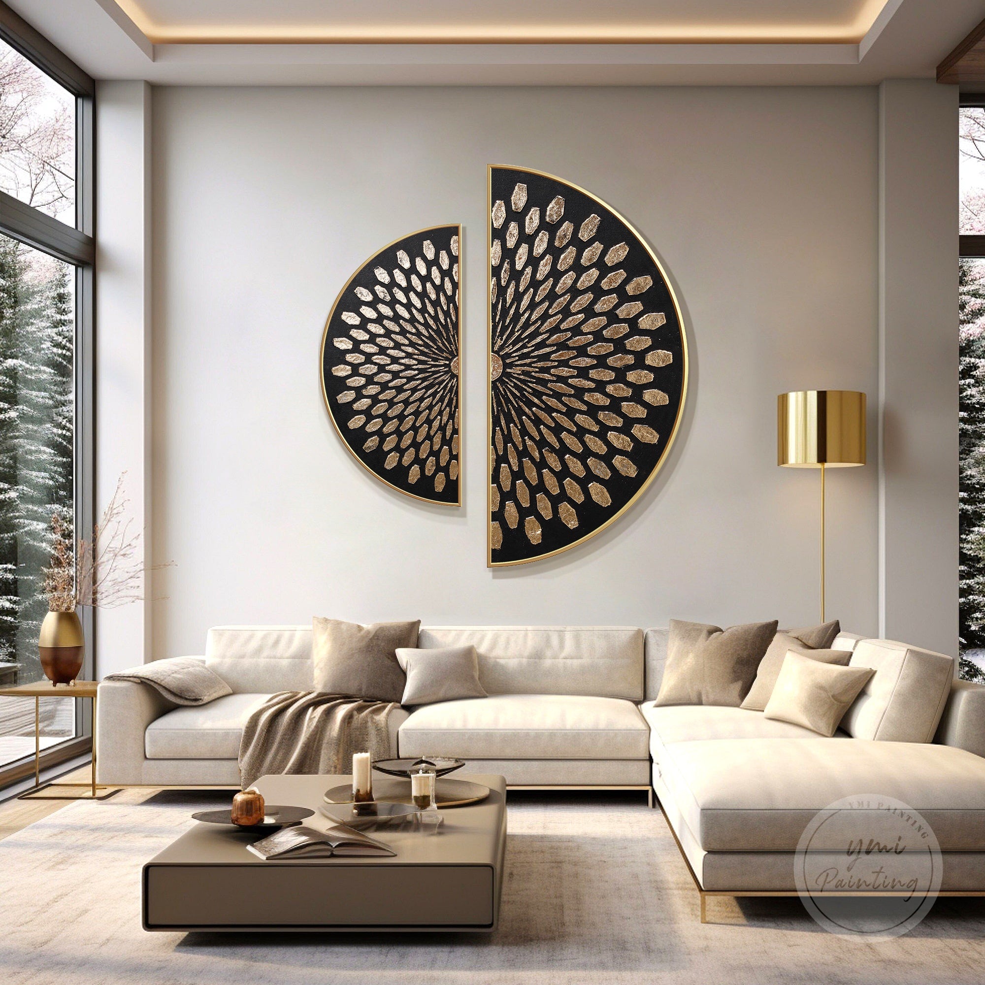 Abstract gold geometric wall art styled in a luxury apartment living room, elegant anniversary gift for art lovers