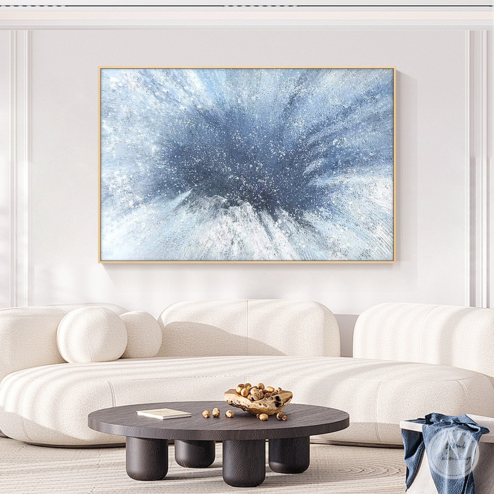 Textured abstract canvas painting featured on a modern living room wall