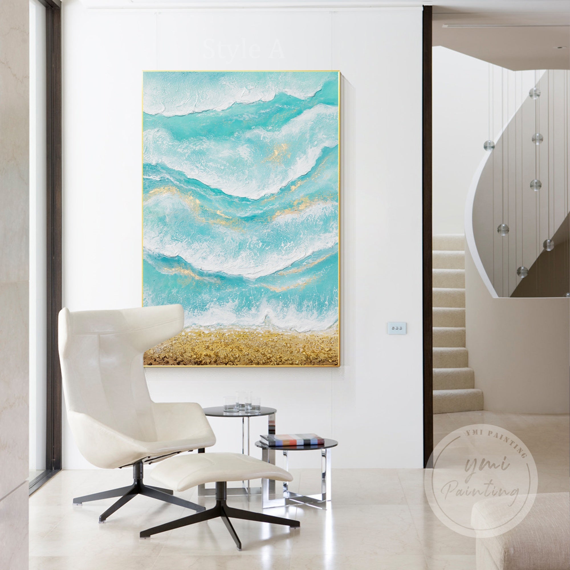Dreamy beach painting with light blue tones and sparkles