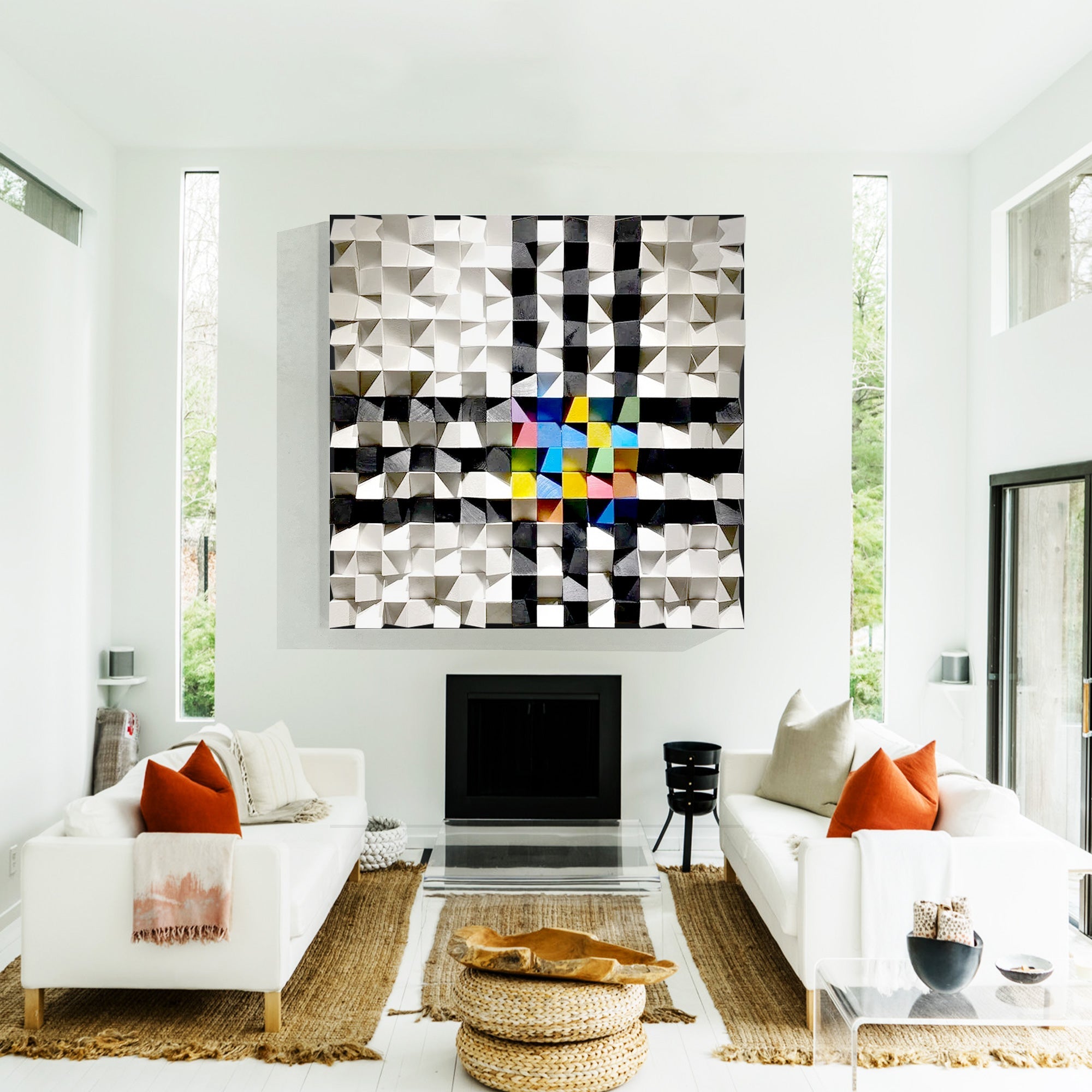 Modern living room abstract design with wood black and white pattern, accented by vibrant triangles in a 3D, layered composition.