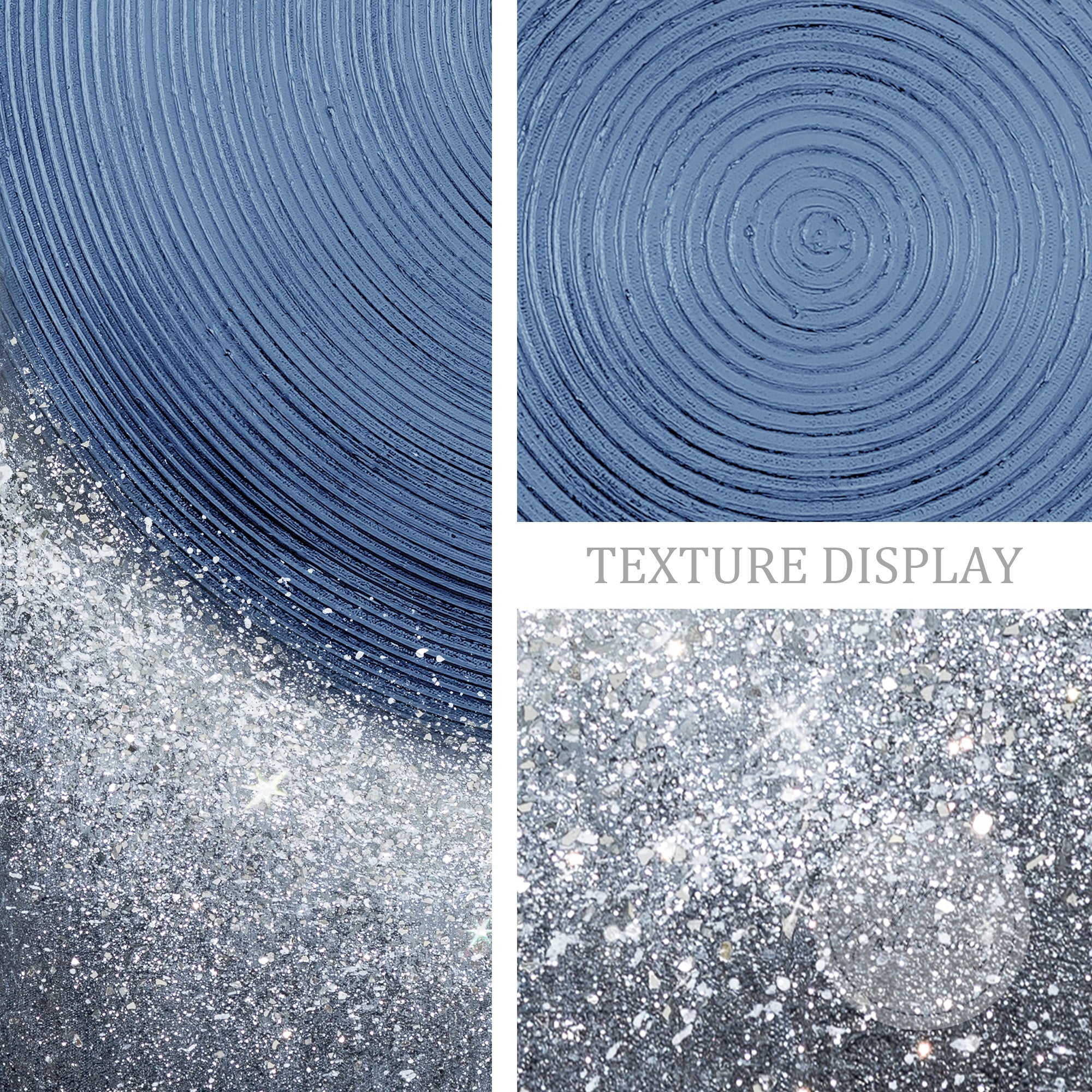 Abstract blue and white painting with silver accents and crushed glass