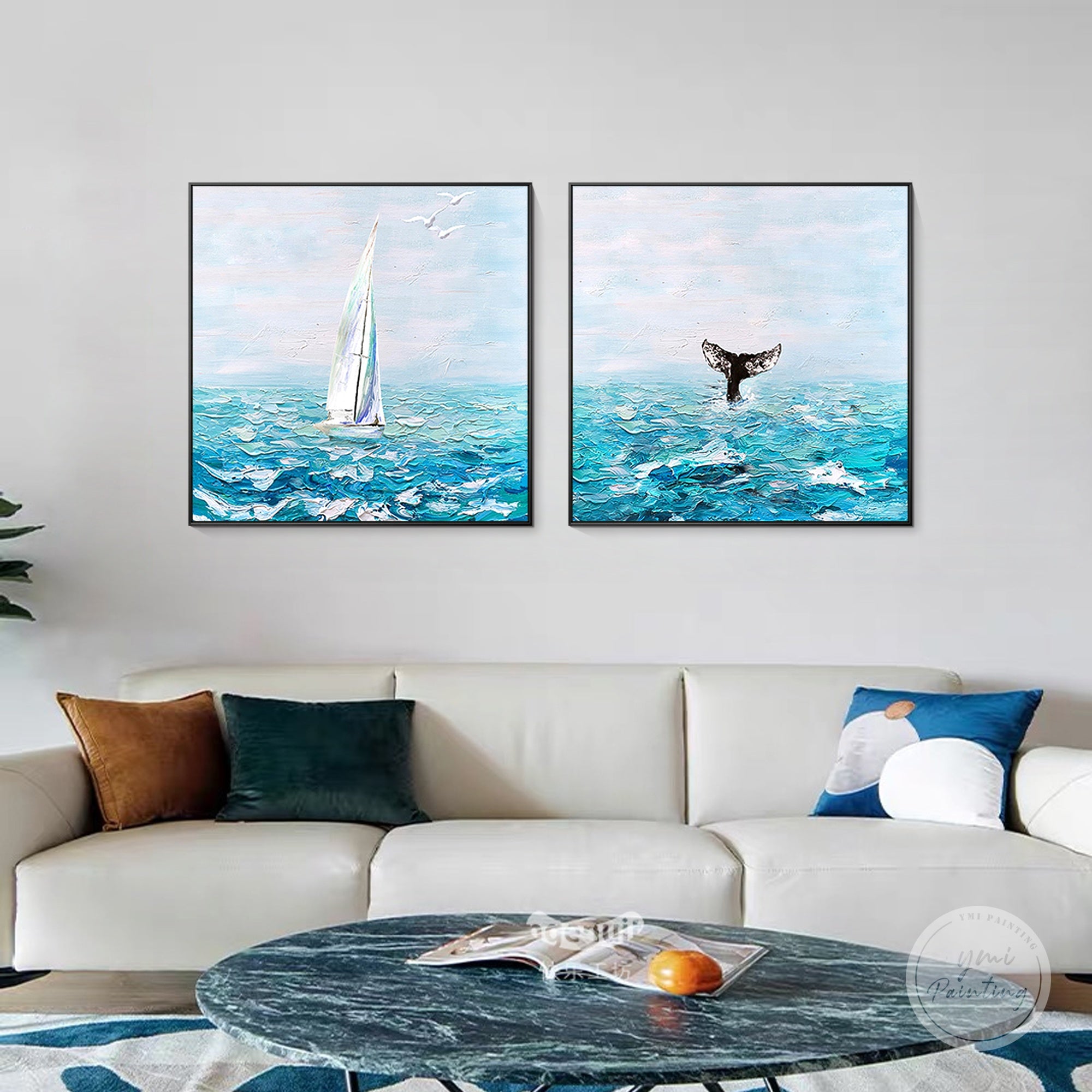 Coastal blue sailboat whale tail wall art decorating contemporary living room wall