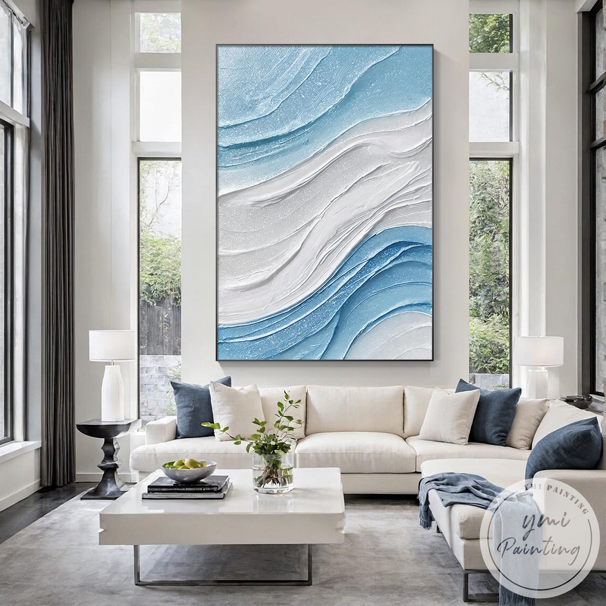 Hand painted blue and white abstract coastal canvas
