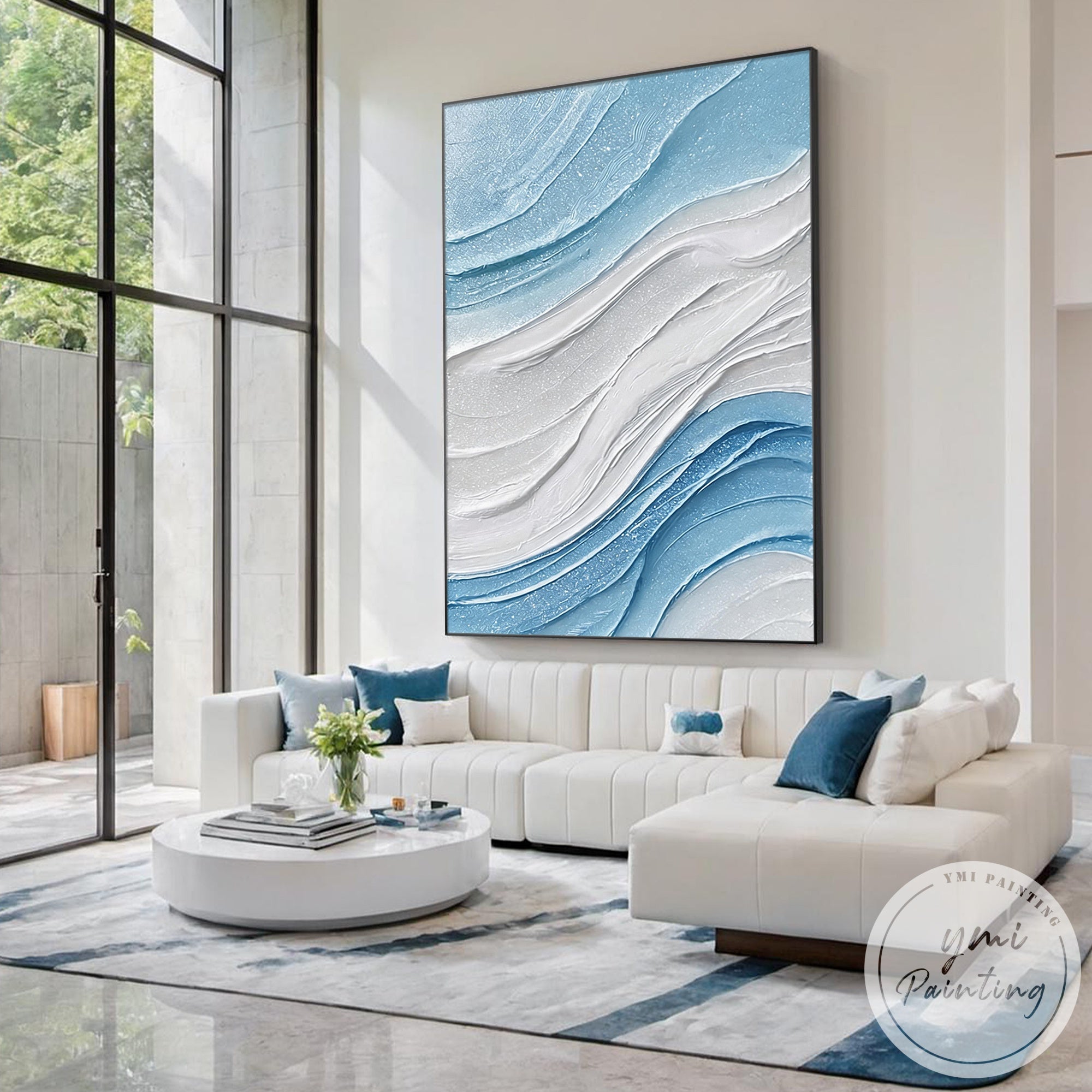 Contemporary coastal wall art in soft blue tones