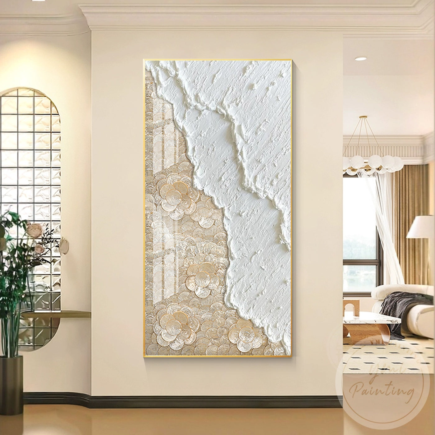 White textured wall decor with gold accents