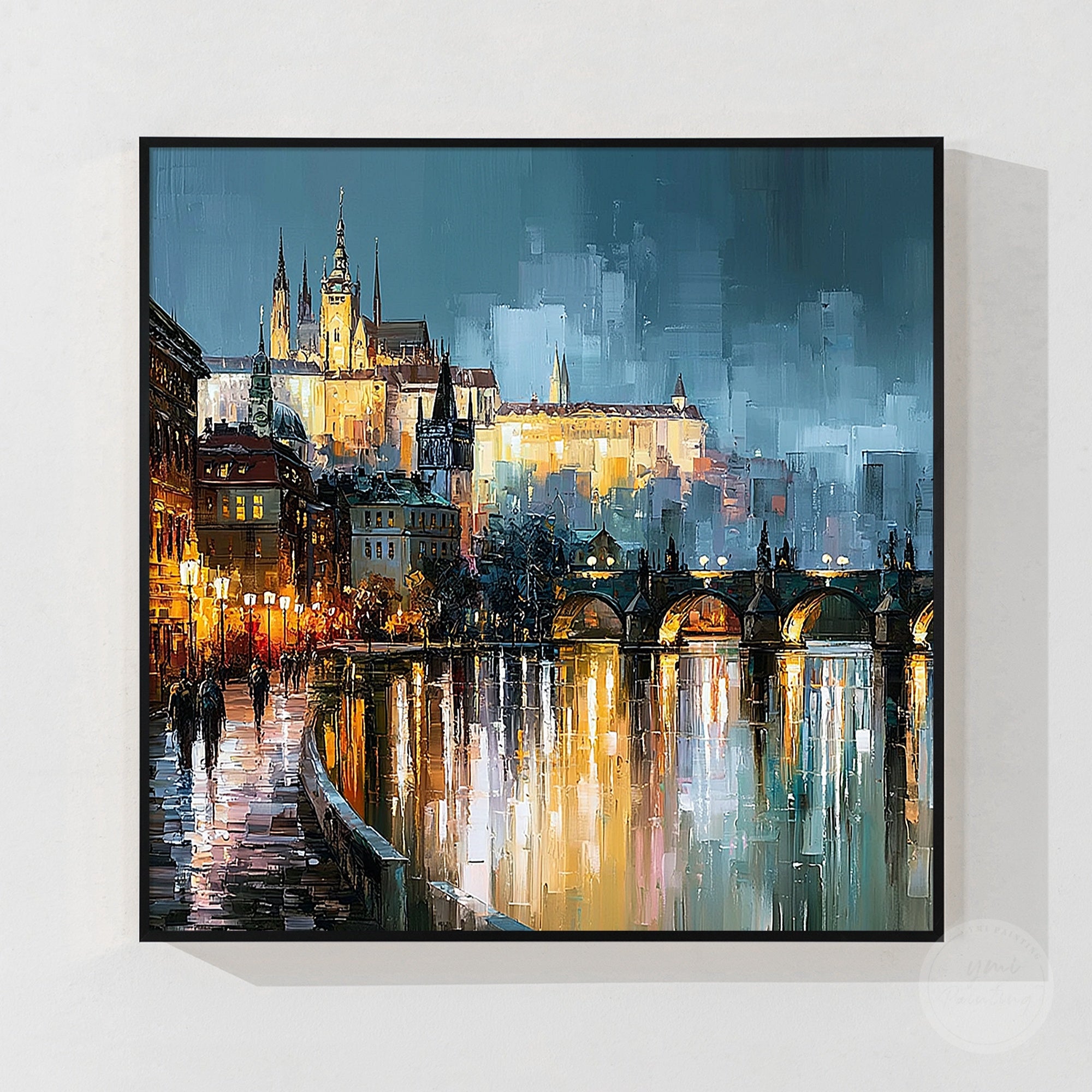 Urban architecture painting with illuminated buildings