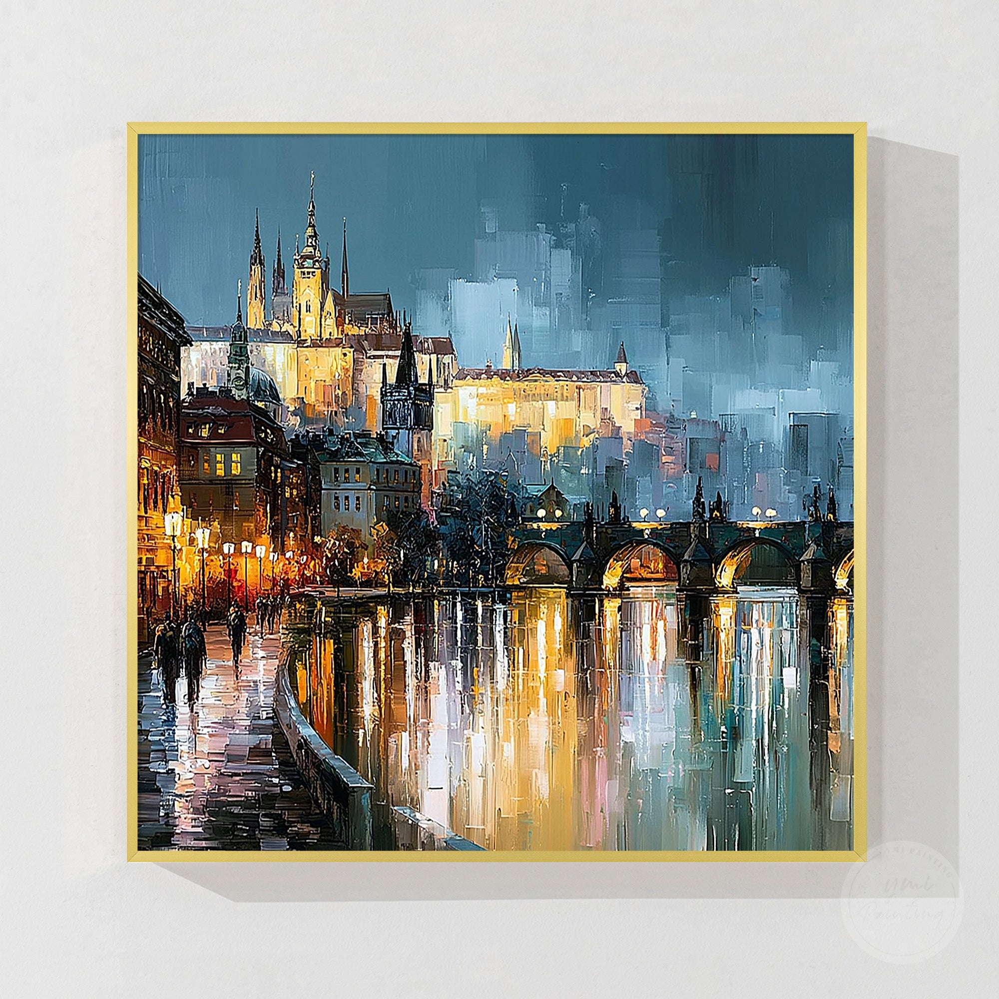Modern cityscape skyline wall art with reflections