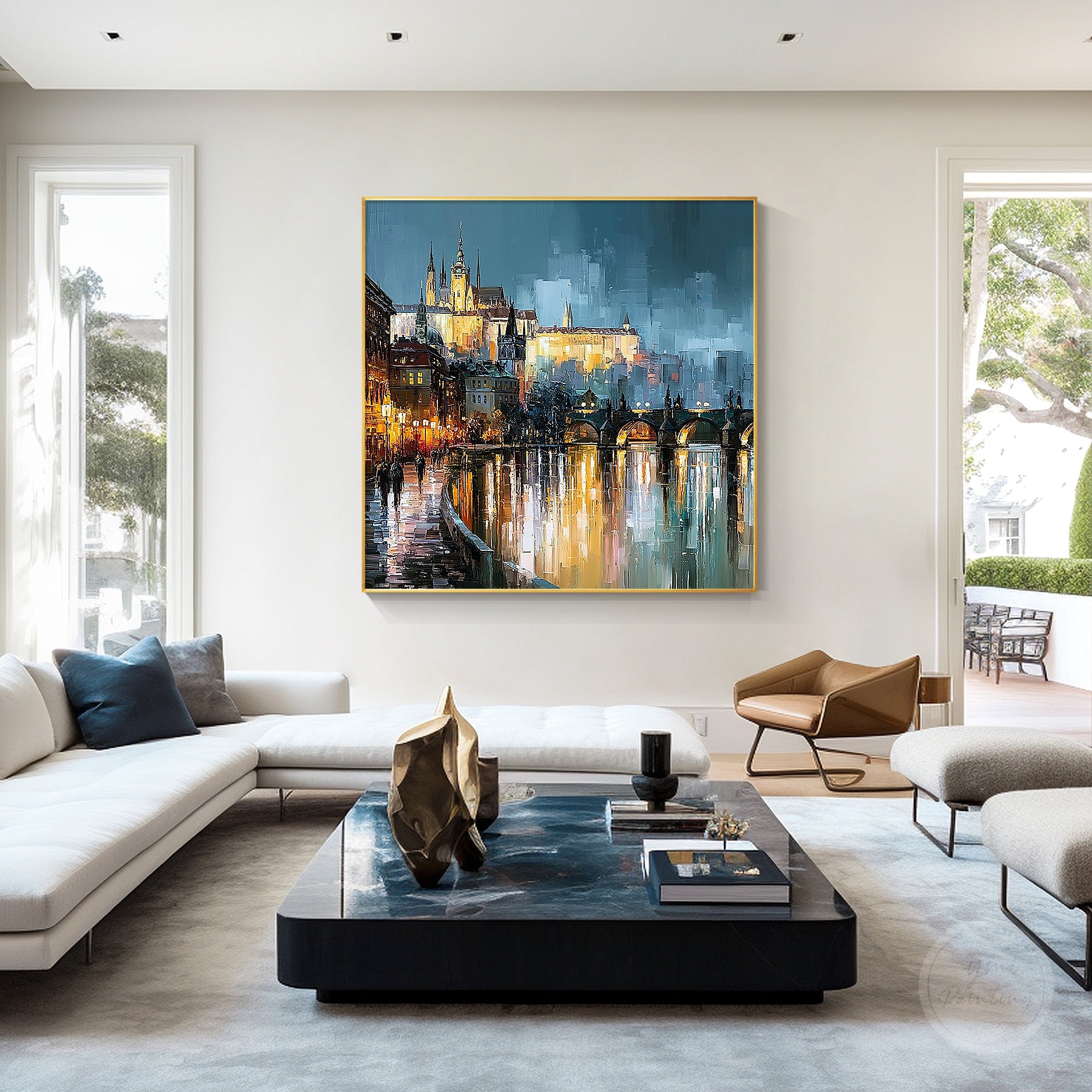 Urban skyline artwork with blue and gold tones