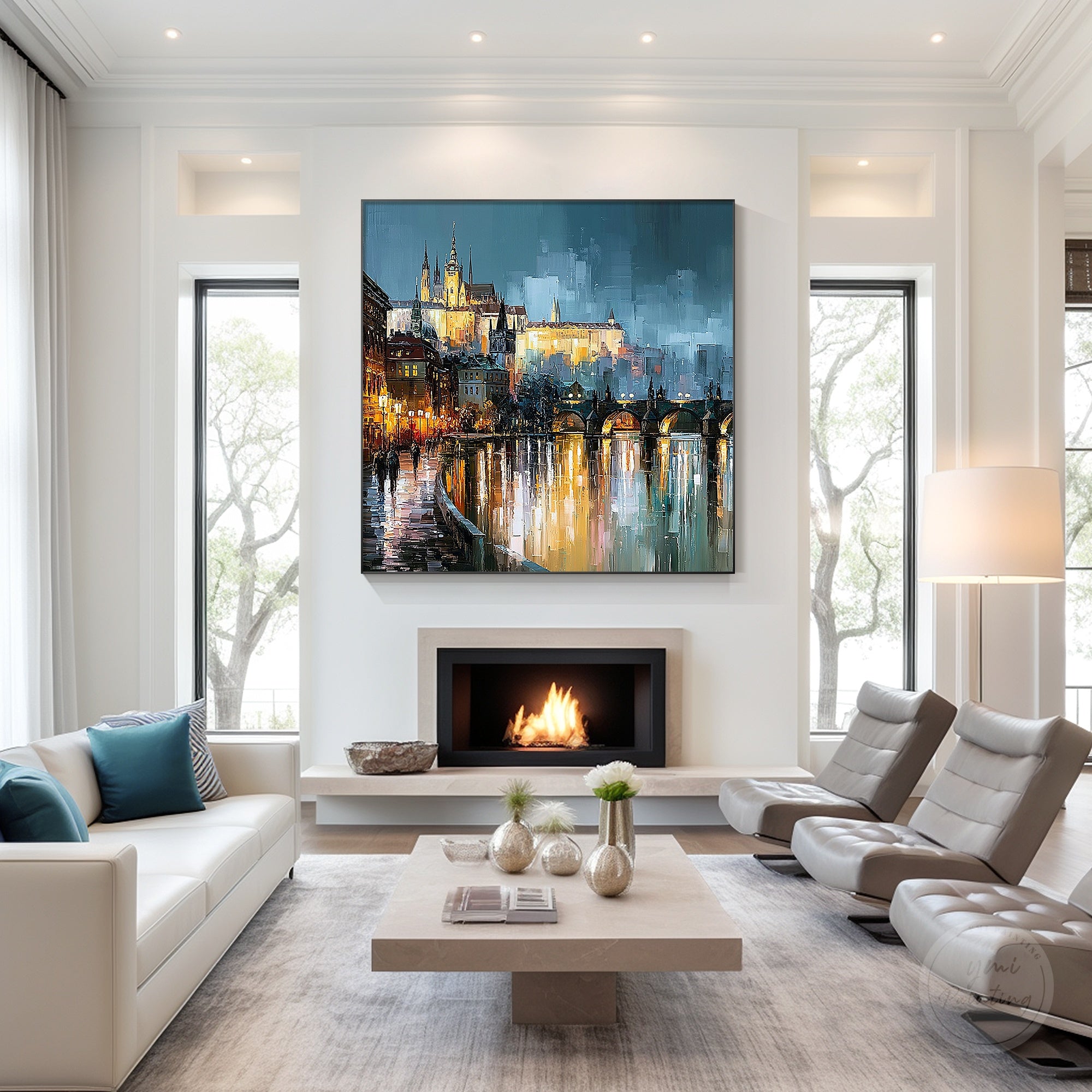City bridge and waterfront reflection painting