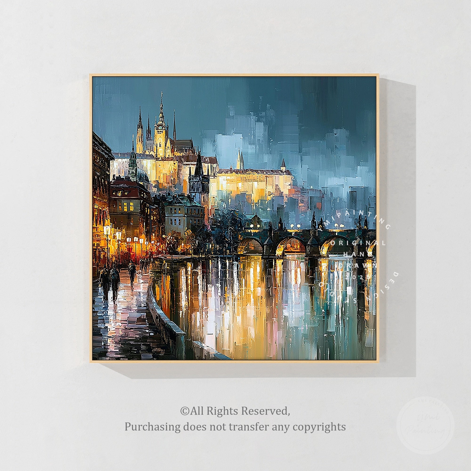 Modern cityscape skyline wall art with reflections