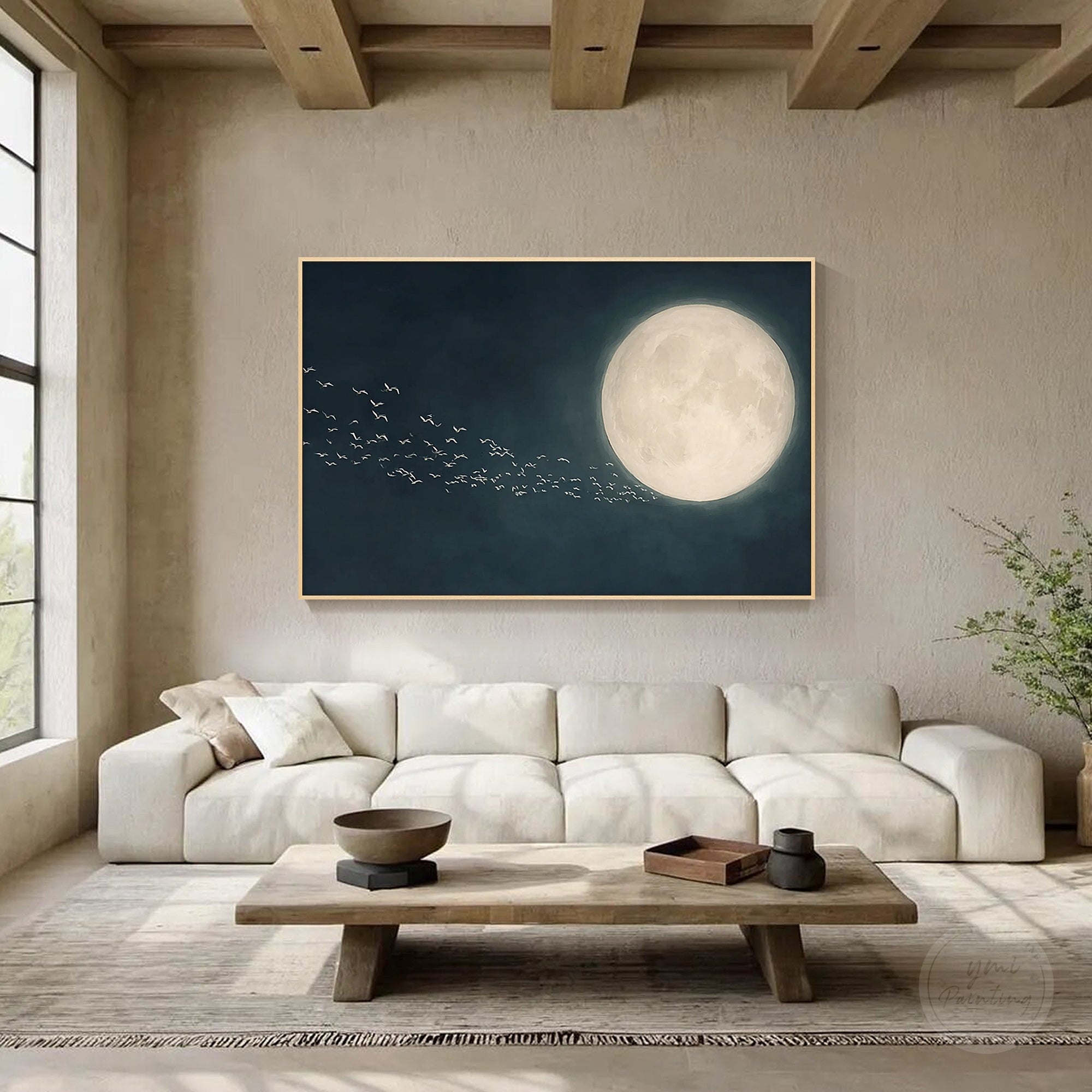 Dark blue moon canvas with flock of birds