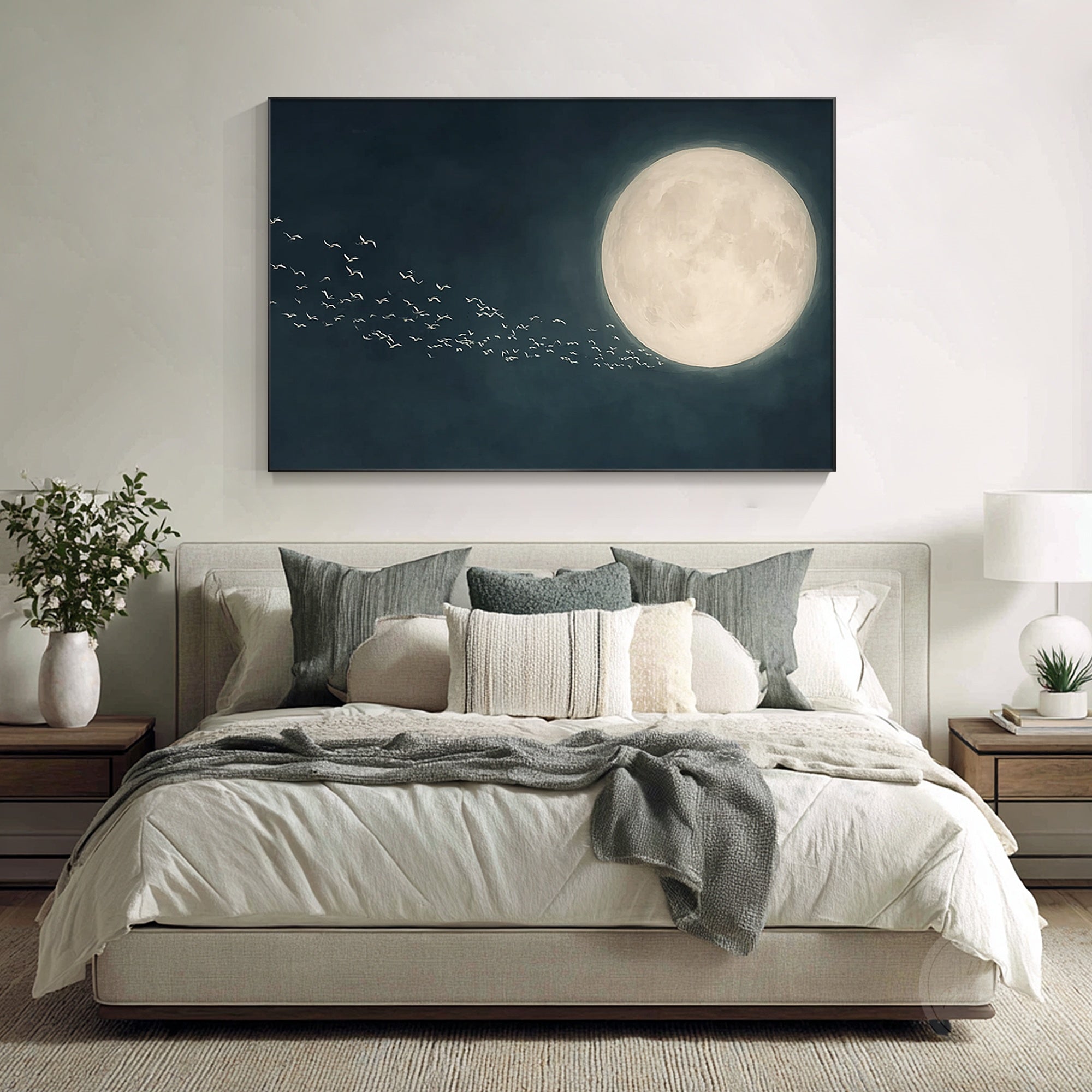 Minimalist moon and bird canvas artwork