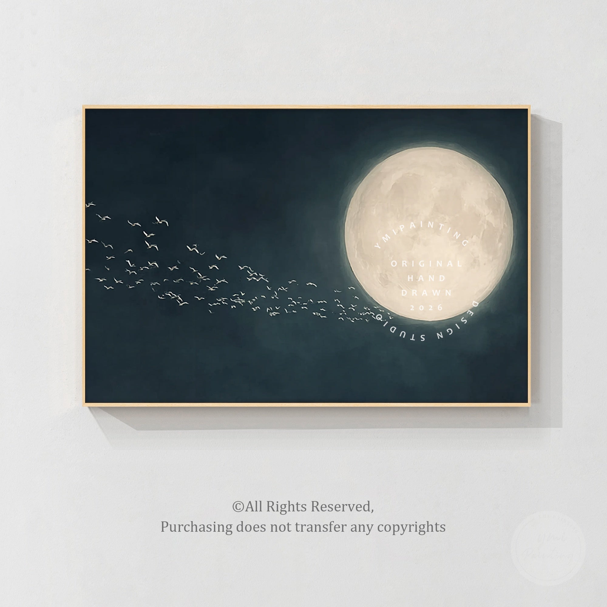 Full moon and flying birds night sky wall art