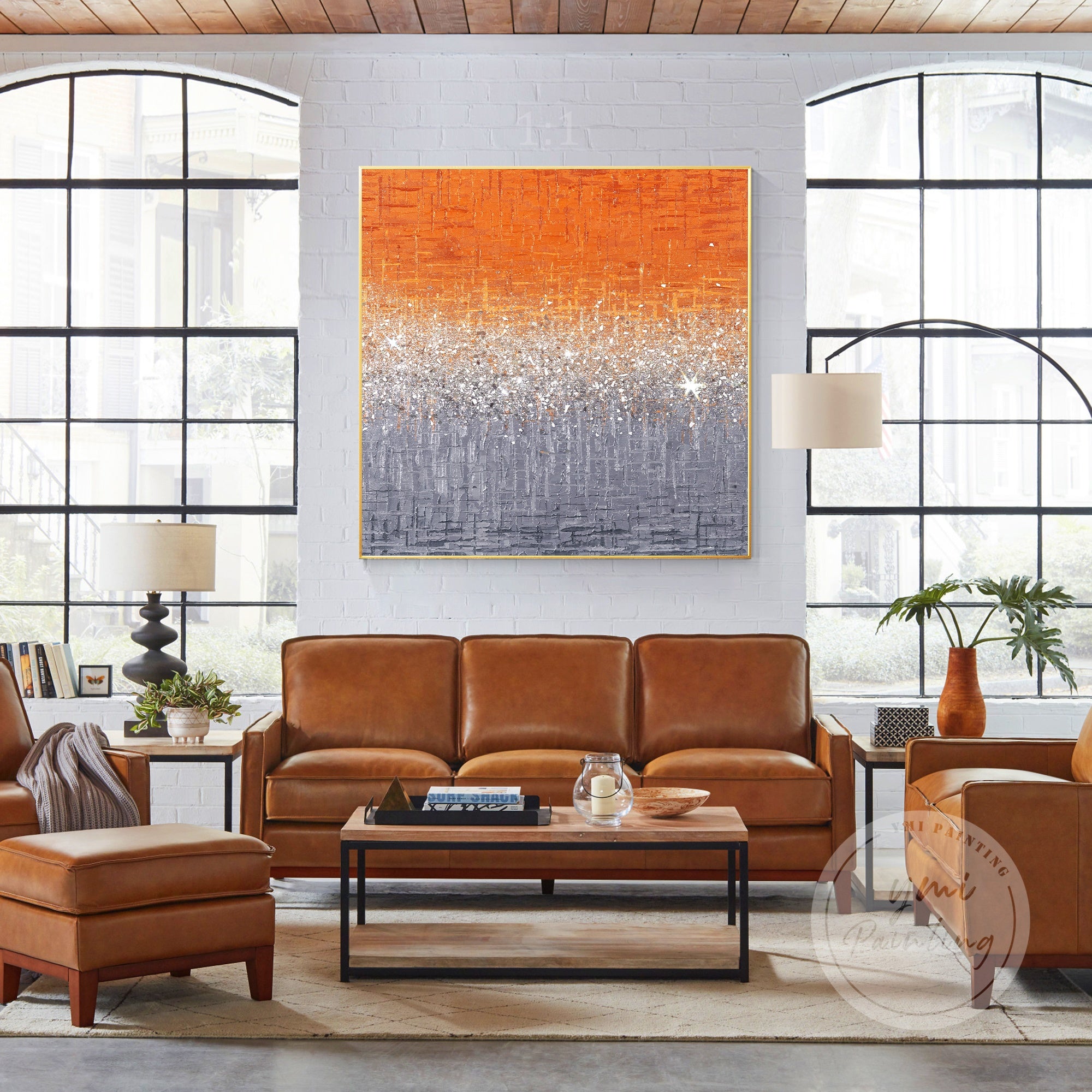 Orange grey gradient abstract painting with glitter.