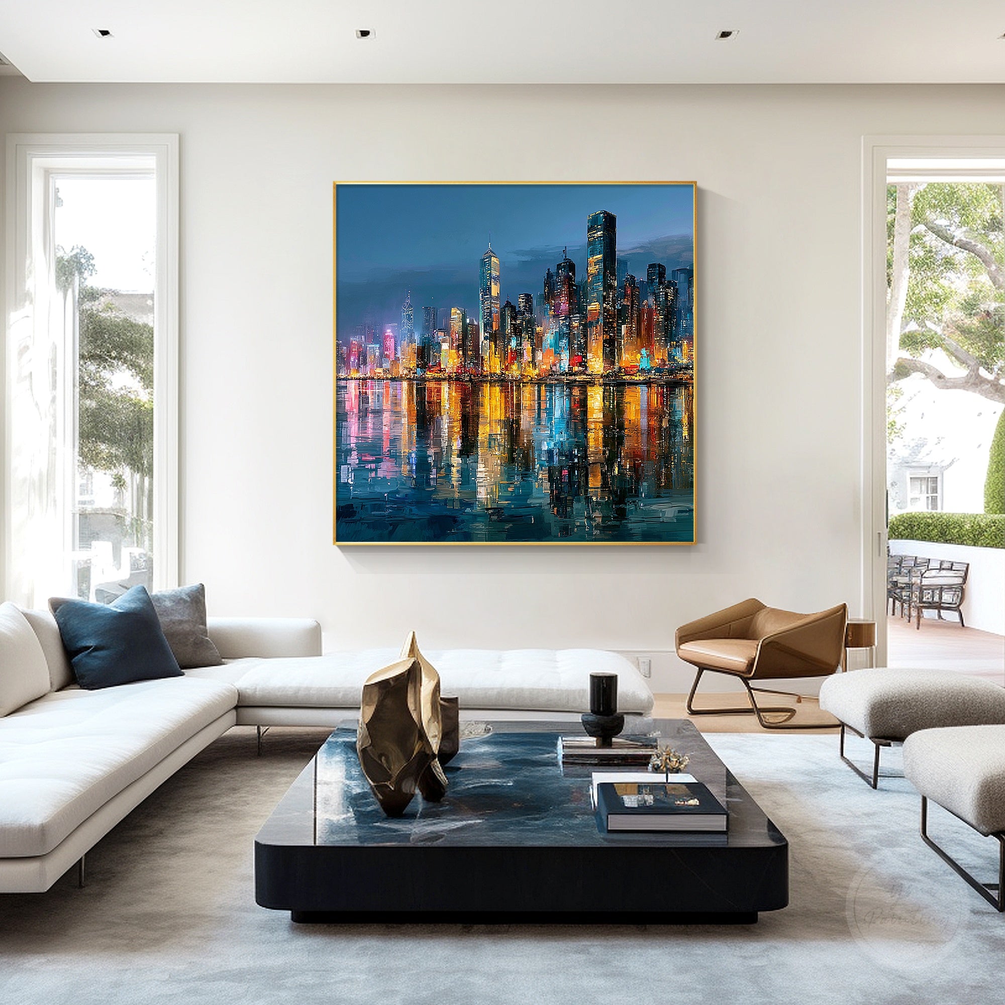Modern Asian cityscape wall decor with waterfront reflections