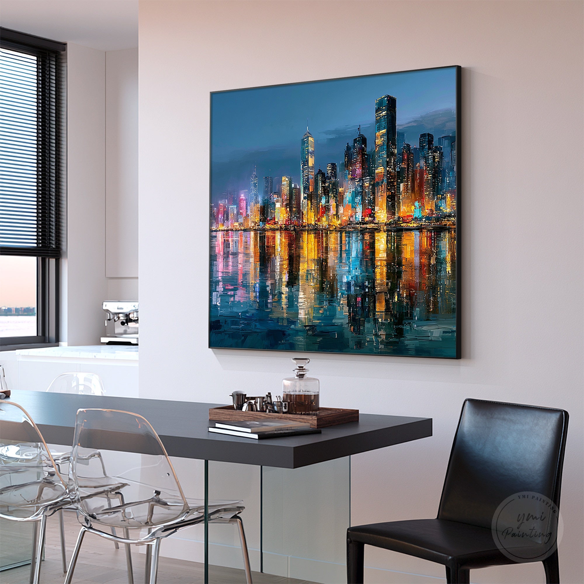 Hong Kong night skyline canvas with colorful reflections